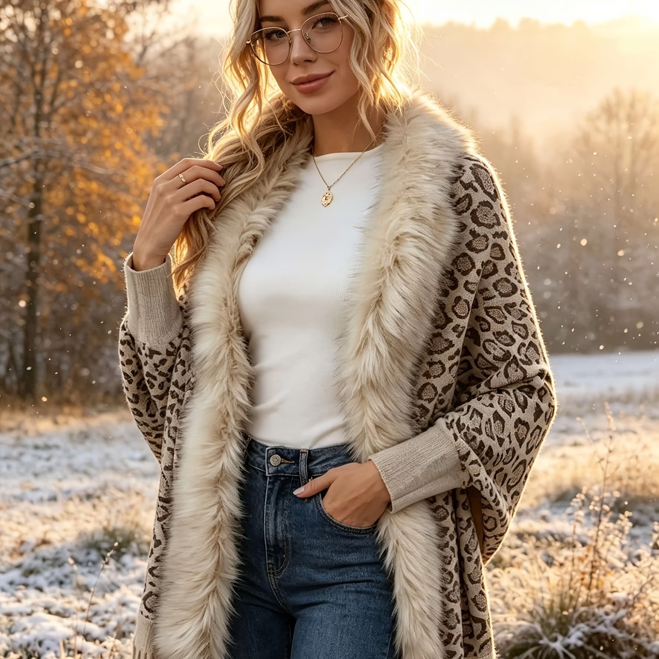 TEMU Plus Size - Plus Size - Leopard Print Shawl Sweater Coat Fall Winter New Loose Batwing Sleeve Cloak Shawl Cardigan Women