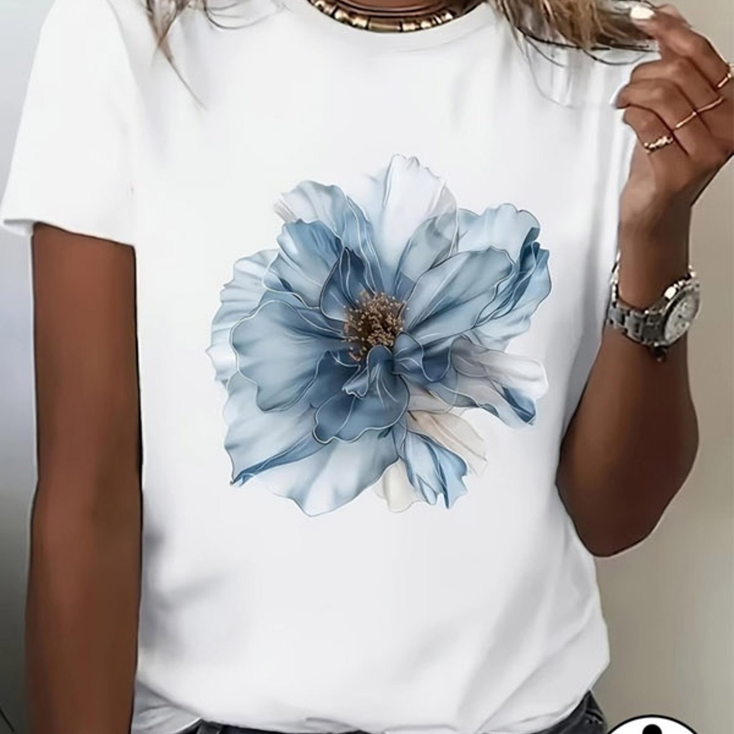 TEMU Women' Short Sleeve T-shirt, Large Light Blue Floral Graphic With Central -golden Detail, Breathable Polyester Fabric, Multiple Specifications ,