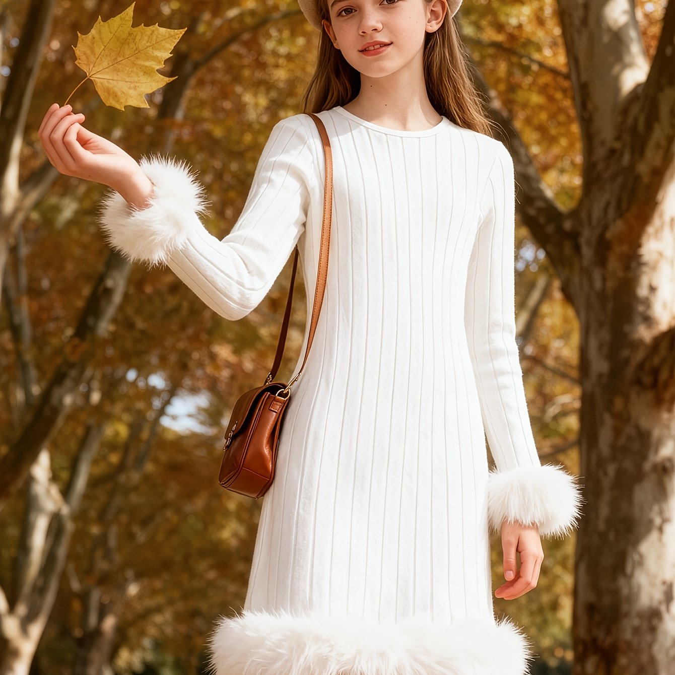 Image of Elegant And Fashionable Plush Spliced Cuffs And Hem, Brushed Ribbed Slim Long-sleeved Dress