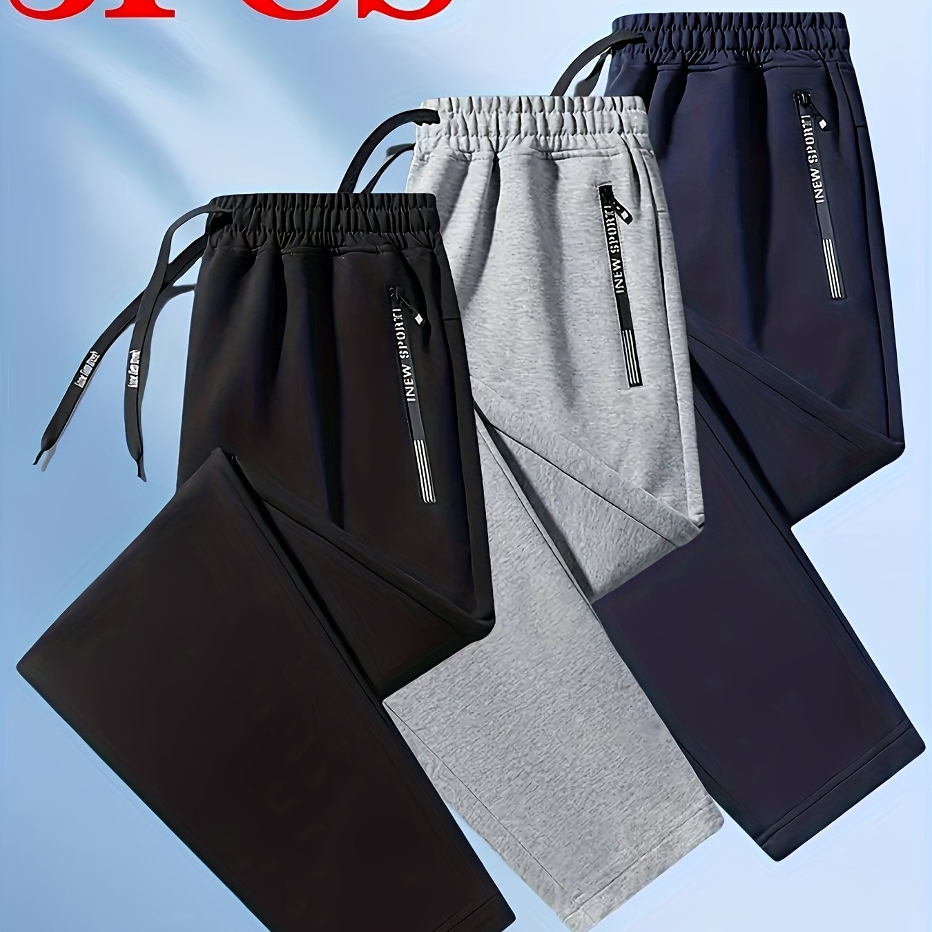 TEMU Men's 3pcs Set Solid Color Loose Casual Sport Pants - Letter-printed Zipper Pockets, Elastic Drawstring Waist, Fitness And Daily Jogging Pants,
