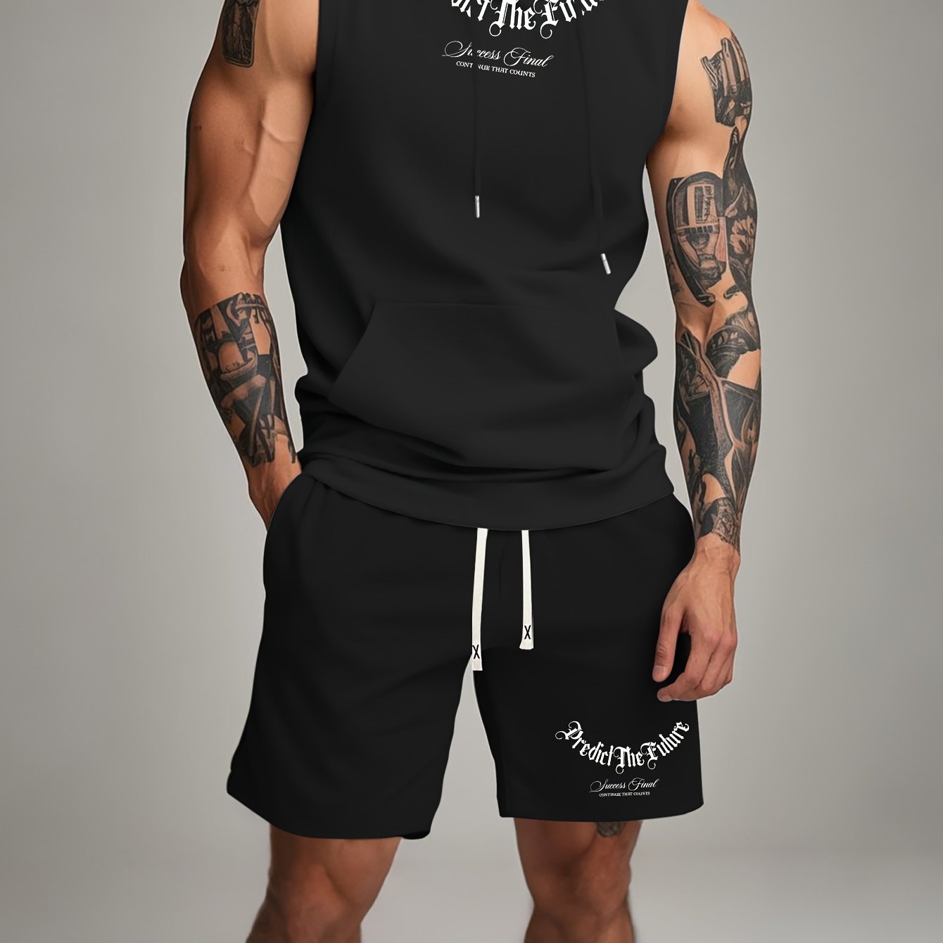 TEMU Summer Streetwear Brand Vacation Simple Elastic Printed Minimalist Sporty Casual Full-body Hooded Tank Top And Shorts Set, Gym Shorts, Gym Set,