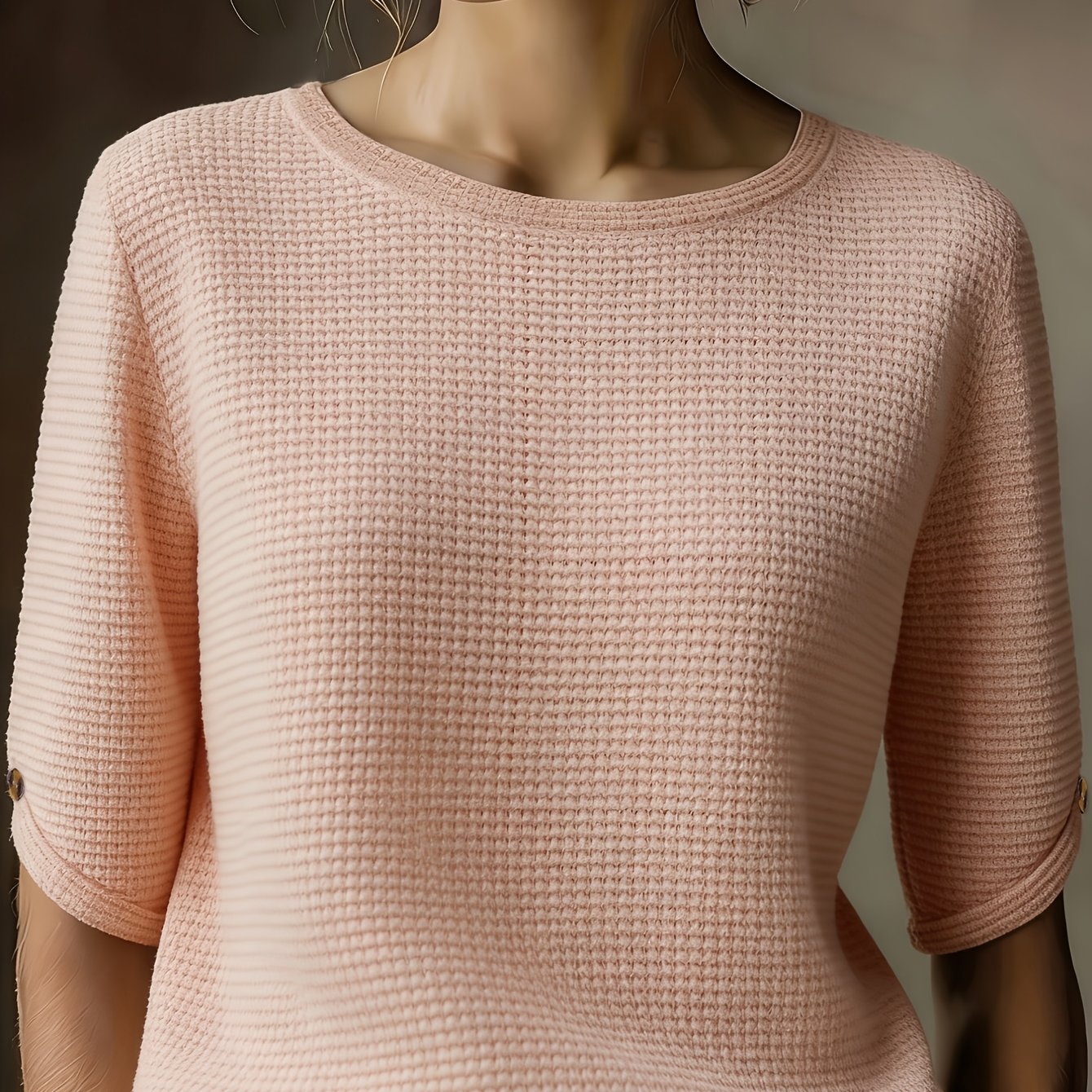 TEMU Fashionable And Elegant Waffle- Mid-sleeve T-shirt, Loose-fitting Round Neck, Relaxed -up,, Versatile