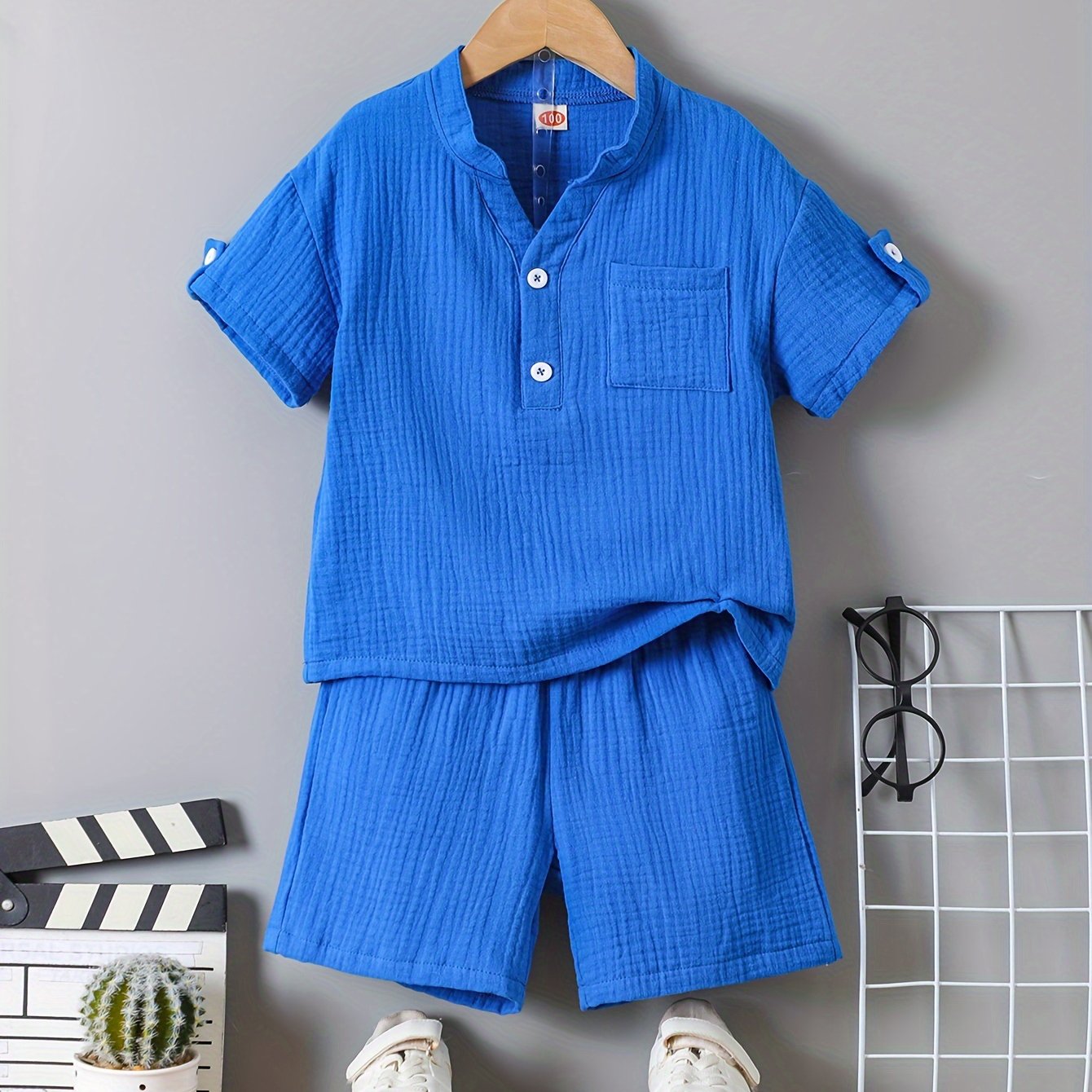 Boys' Casual Comfortable And Stylish Simple Practical Versatile Soft Twill Fabric Half-sleeve Shirt With Breathable Fit Shorts Suitable For Spring And Summer , Perfect For Outdoor