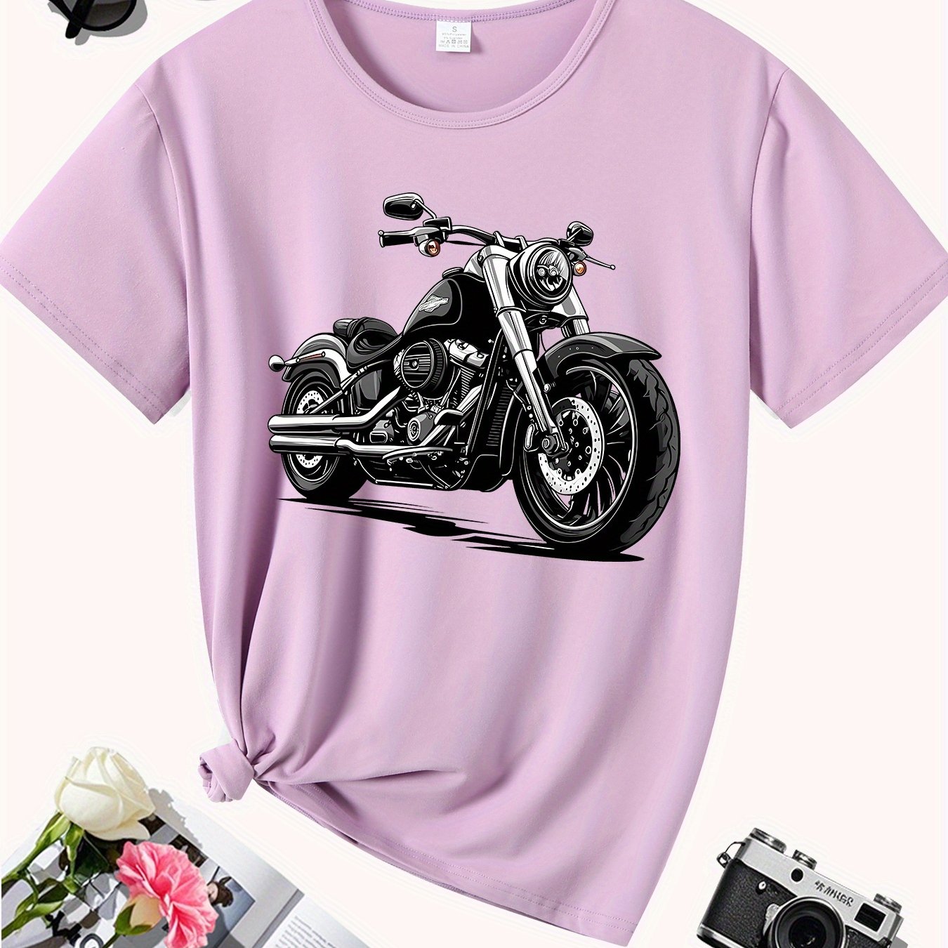 TEMU Women's Vintage Motorcycle T-shirt - Retro Print Short Sleeve Round Neck Top, Breathable Motorcycle Enthusiast Apparel For Spring Summer Casual