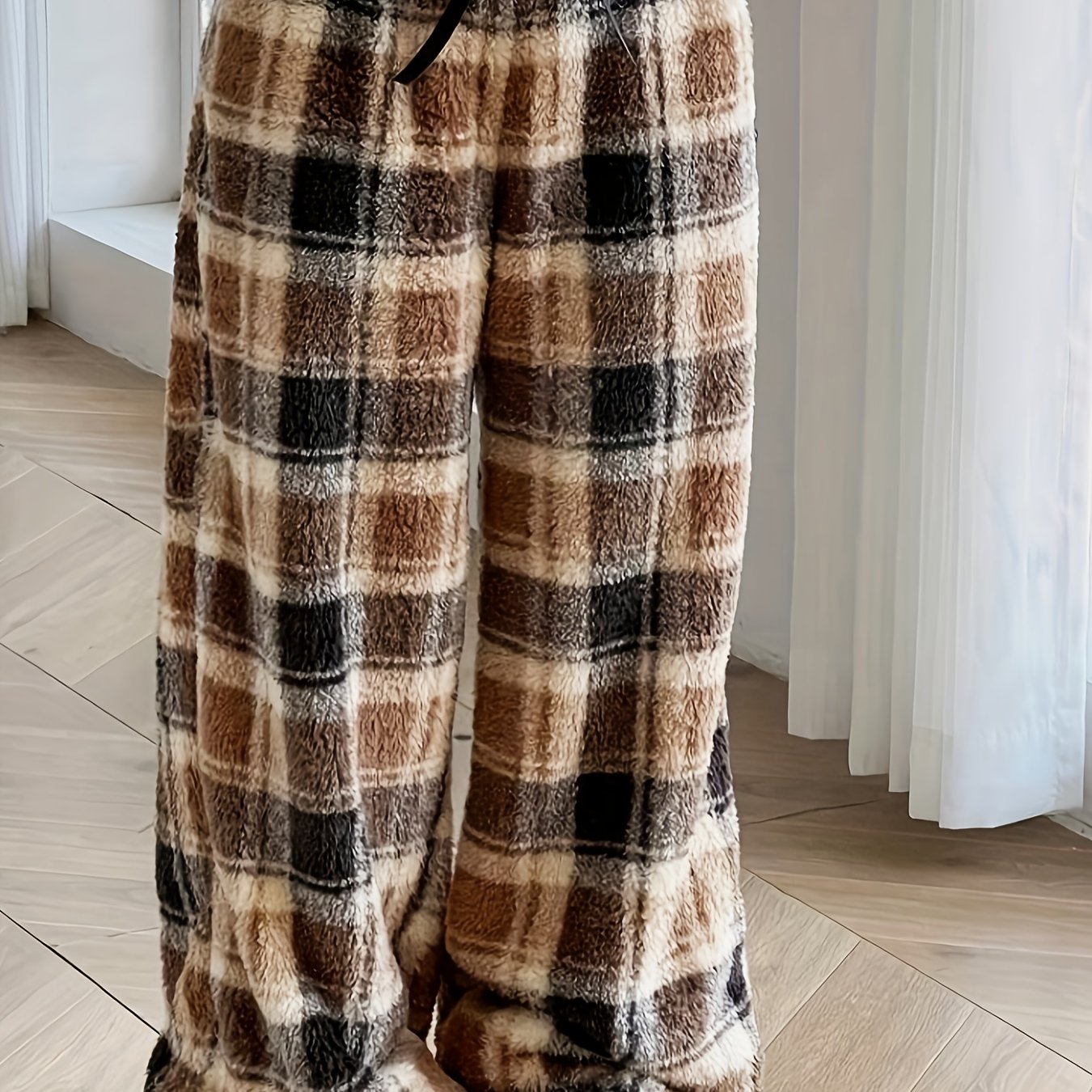 TEMU Women's Casual Long Pants With Front Tie, Thick Lining, Elastic Waistband For Winter, Machine Washable
