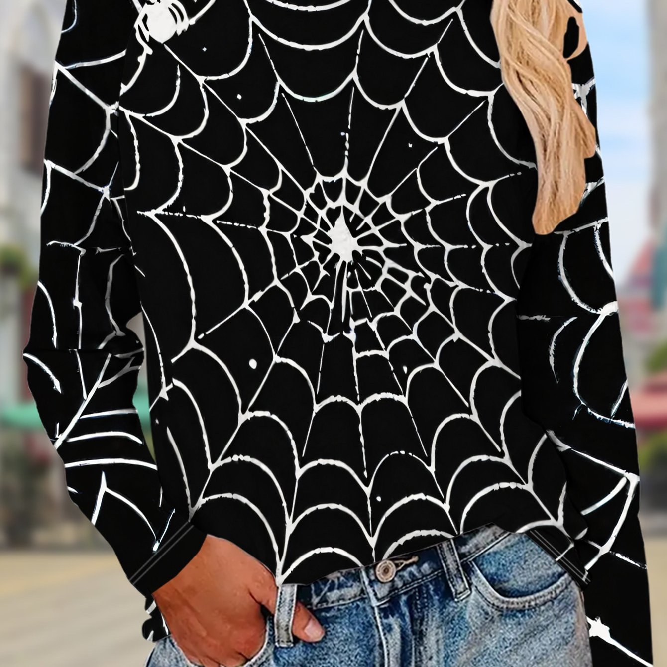 TEMU Women's Long Sleeve T-shirt, Fashion Spiderweb Print Polyester Fabric Regular Cut Daily Casual Commuter Versatile Top Autumn New Women's Wear