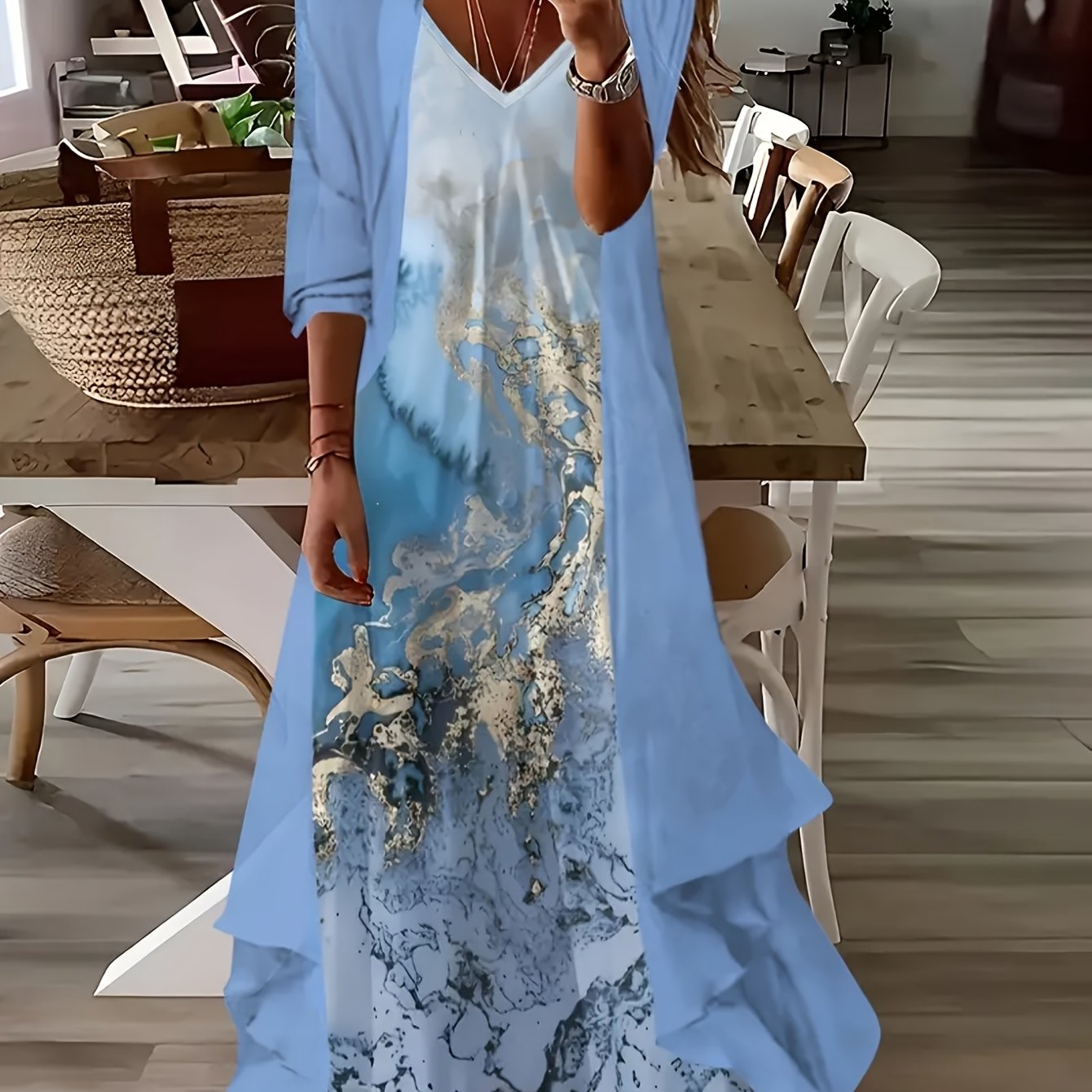 E-shop Frühlings-Sommer Freizeit-Set, Offene Strickjacke Langarm-Top und Marmor-Muster Bedrucktes V-Ausschnitt Cami Kleid Set, Damenbekleidung