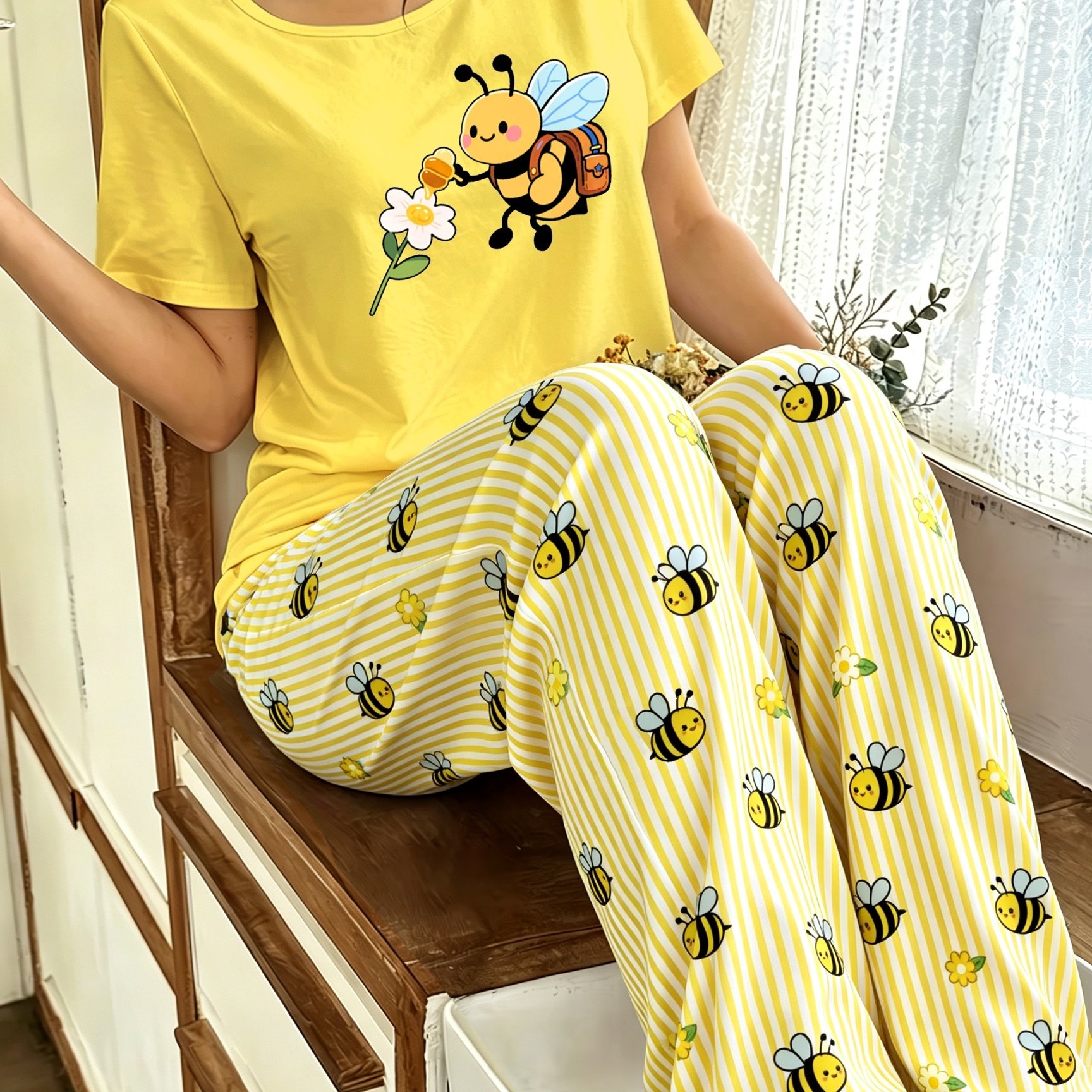 TEMU Women's Casual Floral Print Short Sleeve T-shirt And Yellow & White Vertical Stripe Long Pants Loungewear Pajama Set