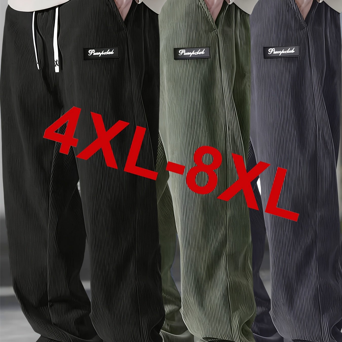 TEMU Men's Plus Size 4xl-8xl Corduroy Pants, Straight Leg Cut With Corduroy Belt (no Belt Included), Drawstring Waist & Solid Color â Regular Fit,