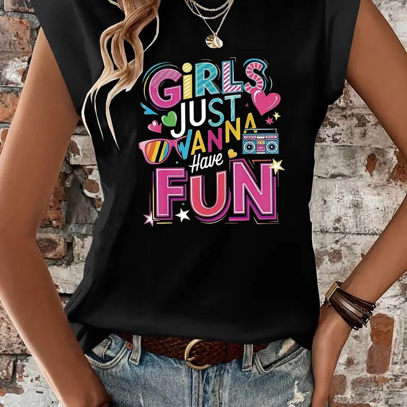 TEMU Women's 80s Retro T-shirt - " " Vintage Letter Print Short Sleeve Crew Neck Top With Non- Fabric Suitable For Spring/summer Casual Wear, Themed