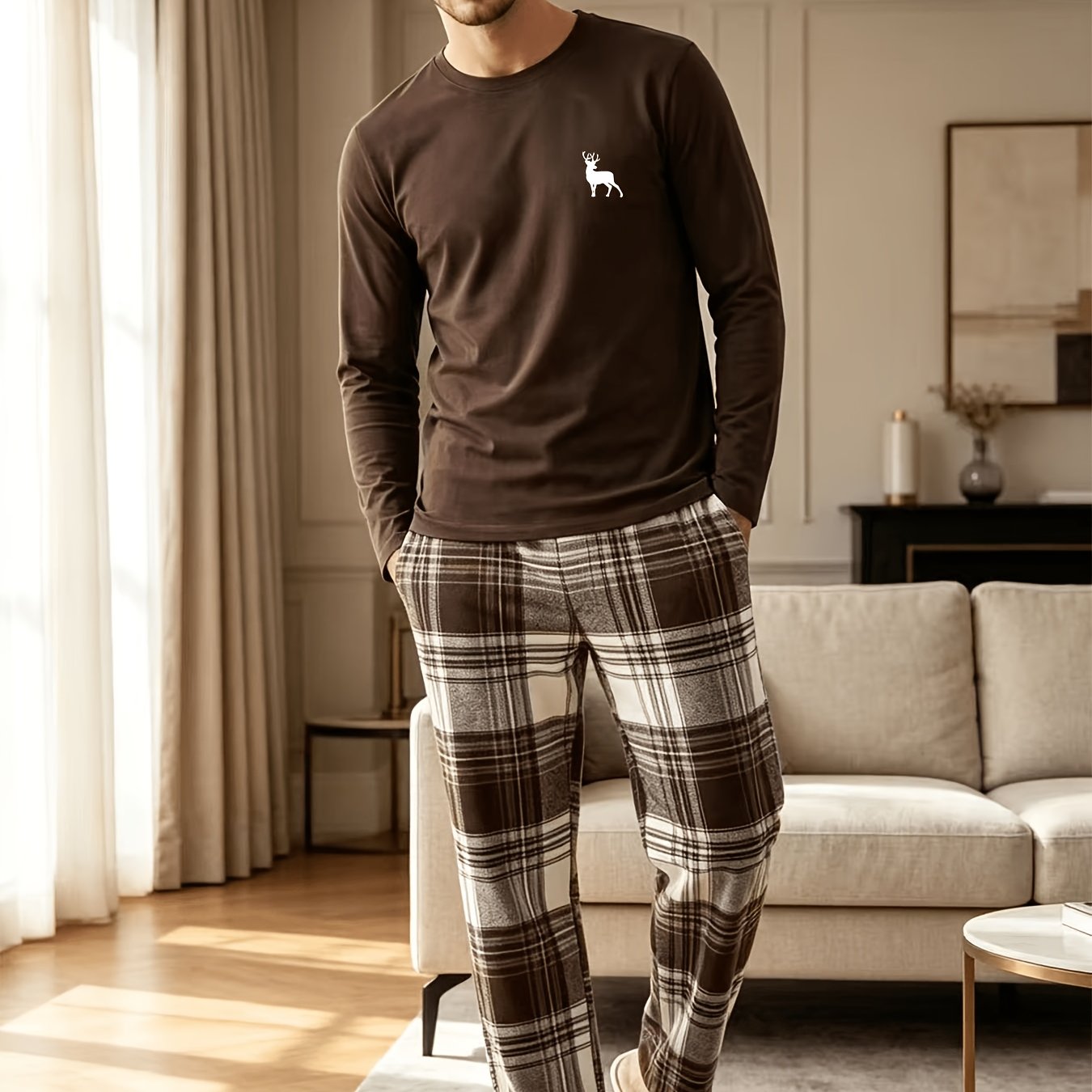 TEMU Men's Autumn Winter Solid Color Top Pants Print Men's Long Sleeve Trousers Set