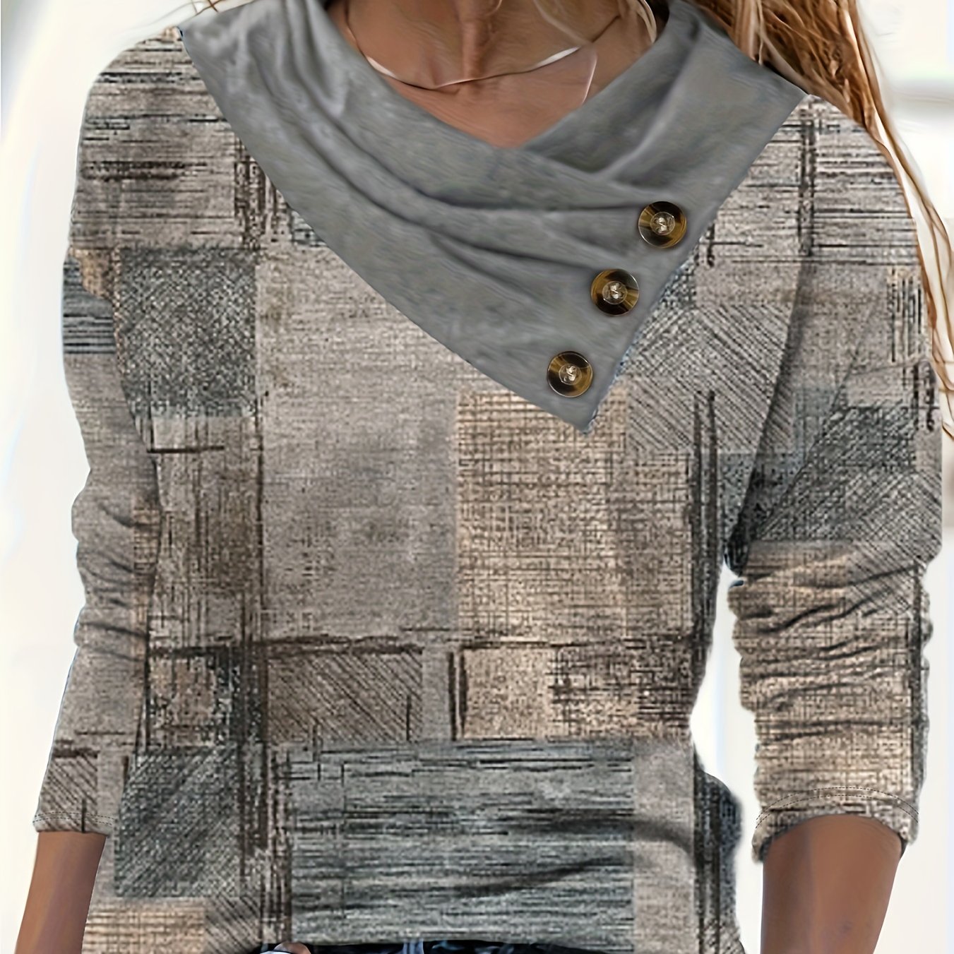 E-shop Damen Oberteil mit Knopfleiste, Frühling/Herbst - Geometrischer Druck mit Bordüre, lockerer V-Ausschnitt, lässige lange Ärmel, elegantes T-Shirt