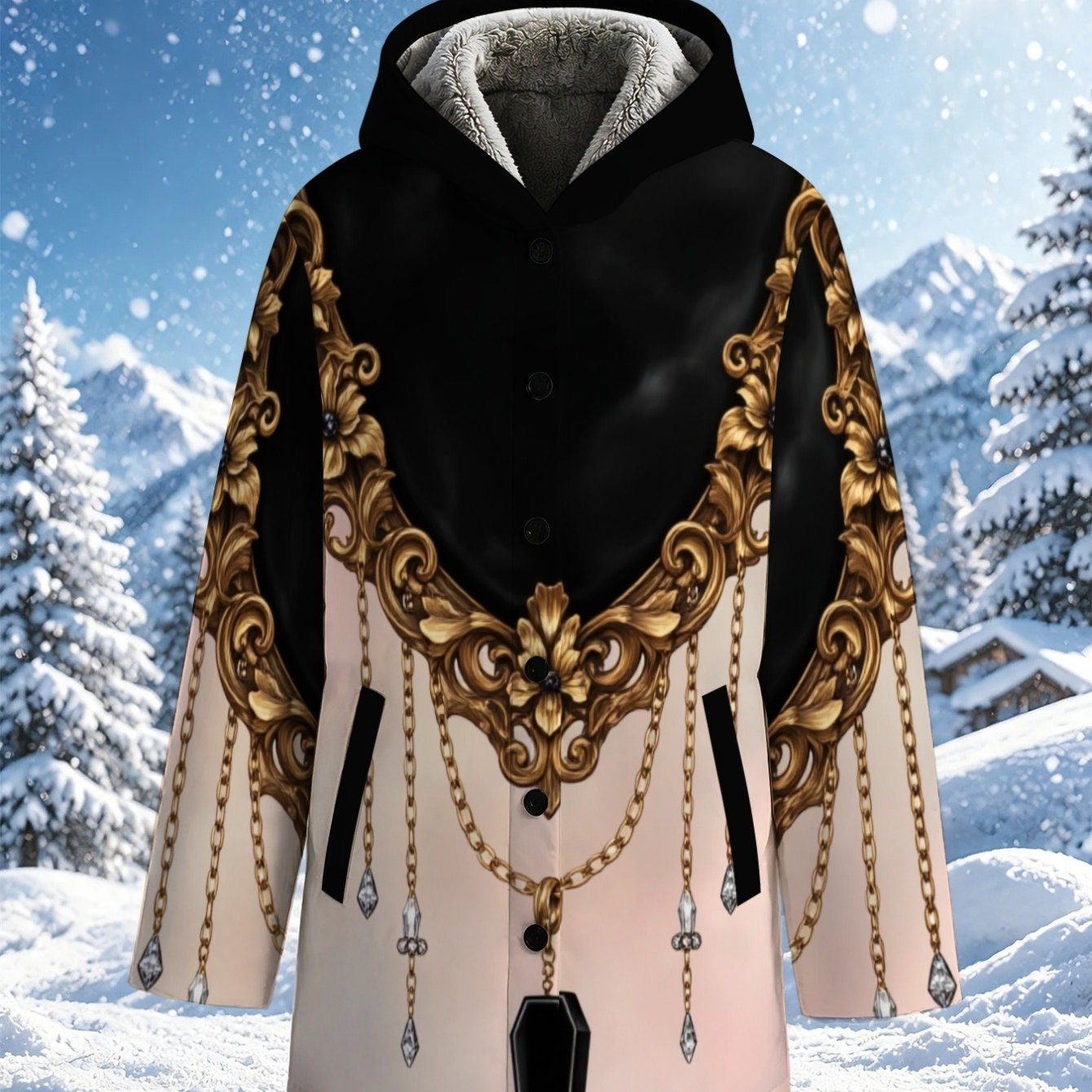 TEMU Lianyaoshi[printed Design Not Textured]women's Fleece-lined For Autumn Winter Gothic Ornamented Hooded Outerwear, Lightweight Elegant Design