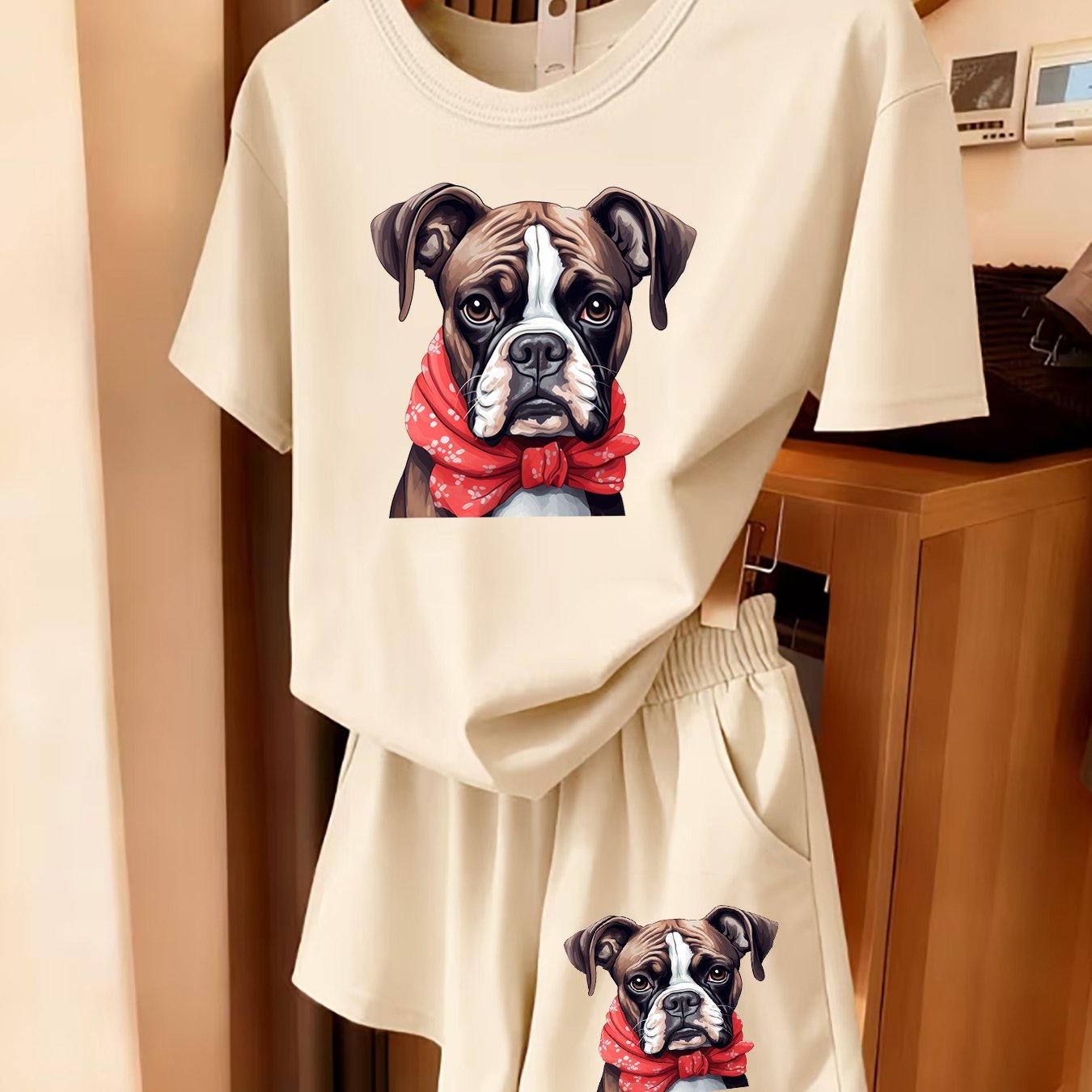 TEMU 2pcs Women's Summer Casual Sports Short Sleeve Set - Cute Boxer Dog Print, Fun Pattern Print Short Sleeve Shorts Set, Comfortable, Soft And