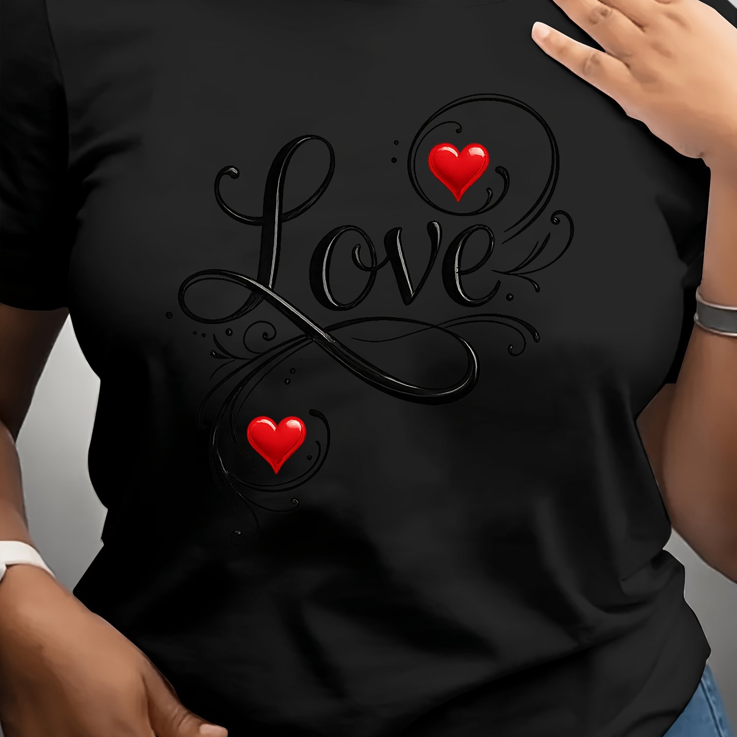 TEMU Women' Design Love Printed Heart Pattern Short-sleeved T-shirt Casual Wear, Soft And Breathable, , Machine Washable, Crew Neck, Regular Fit