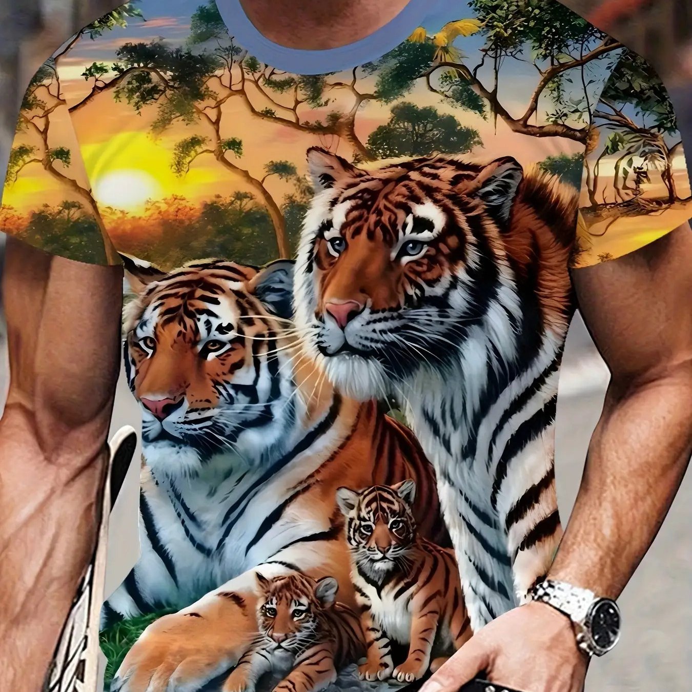 TEMU Men's Casual Tiger Print T-shirt - Short Sleeve, Crew Neck, Stretchy Polyester Fabric, Machine Washable, Perfect For Summer Outdoor Street Style