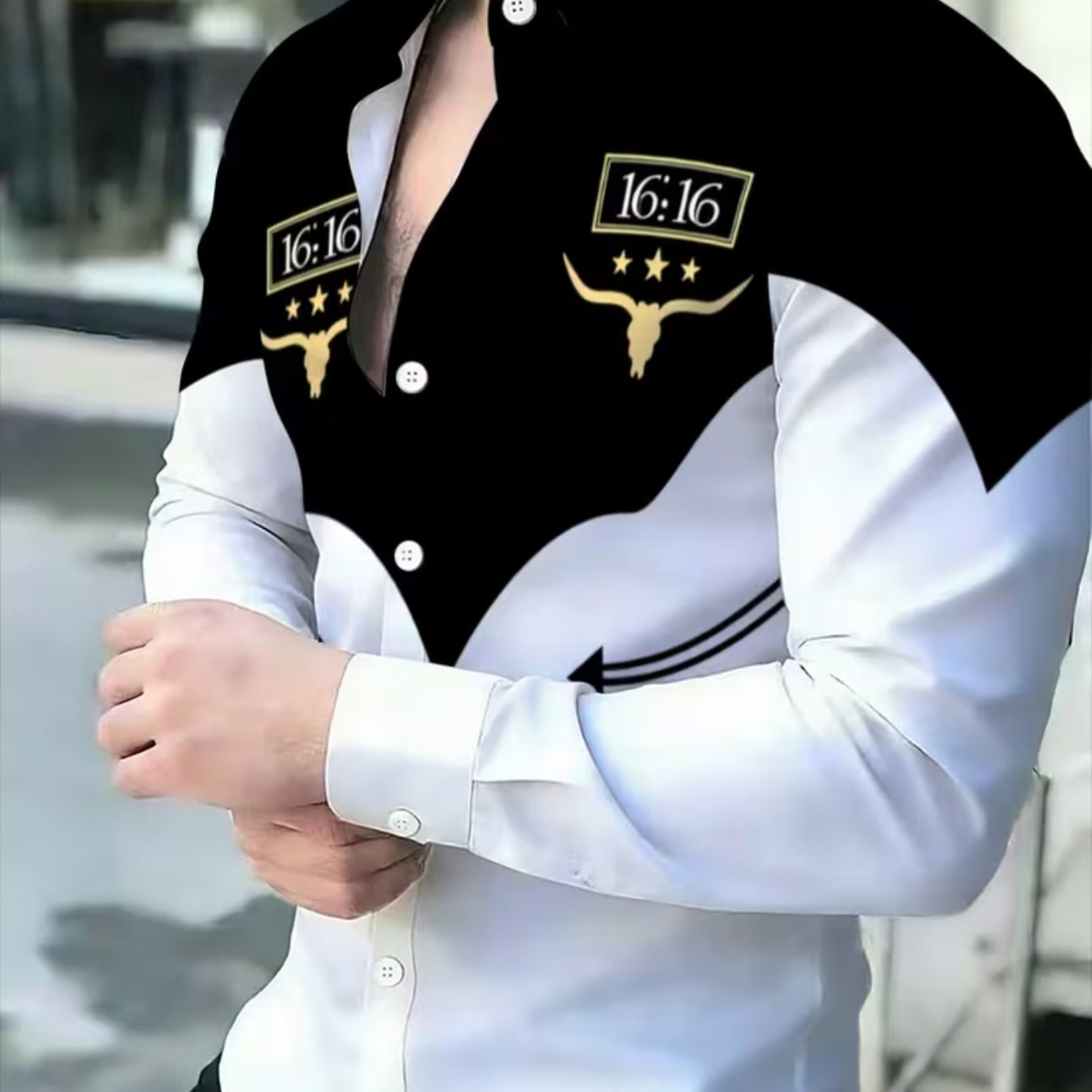 TEMU Men's Black And -block Long Sleeve Shirt, Trendy Fashion Statement Design Business Casual Top