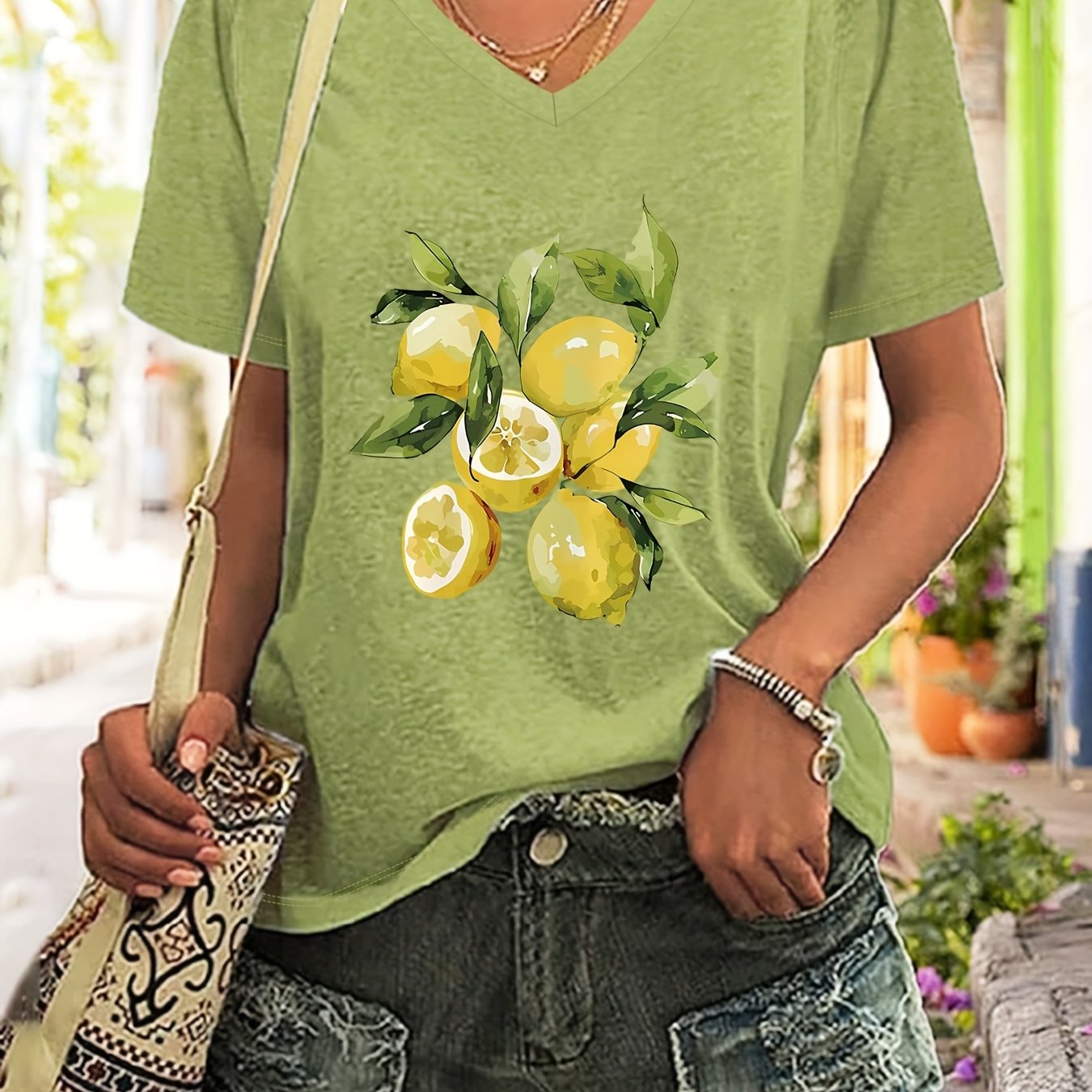 TEMU Plus Size - Plus Size - Neues Sommermode Plus-Size Damen Grün V-Ausschnitt Bedrucktes Kurzarm T-Shirt Top