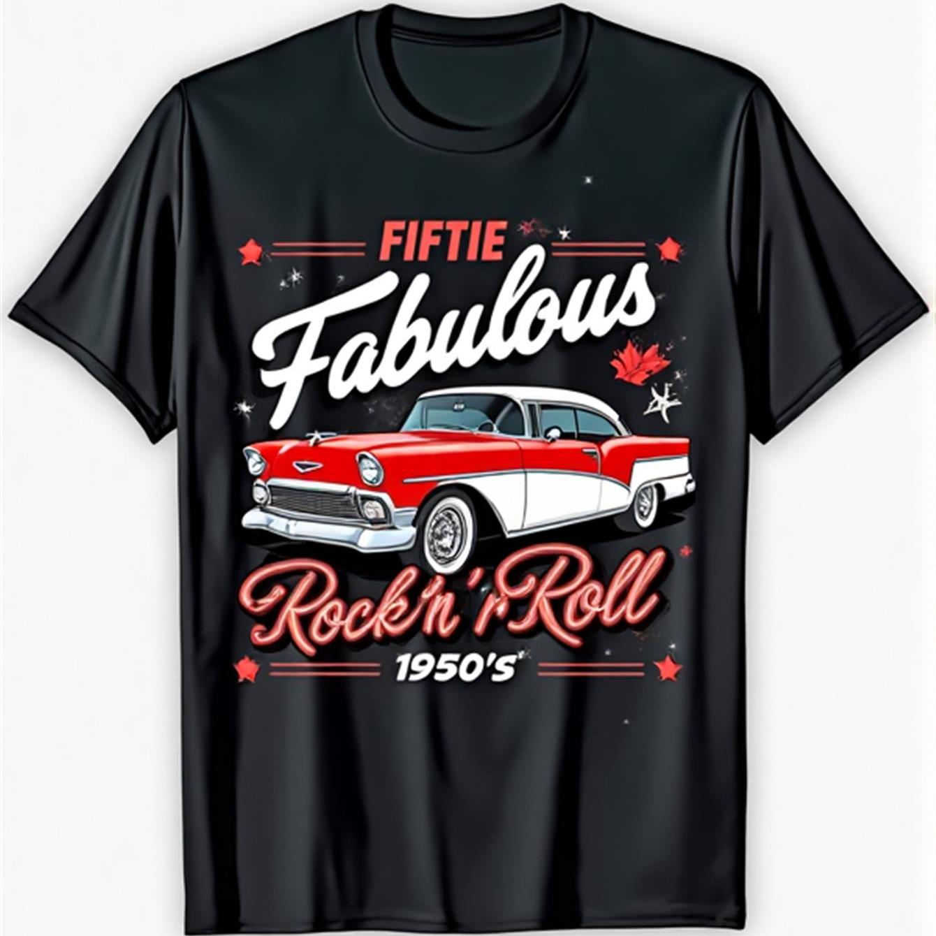 TEMU 06 's And Women's 1950s T-shirt - Soft Classic Car And Turntable Music Tee - Red And Black Rockabilly Design - Unisex Adult S-xxxl - 1950s Theme