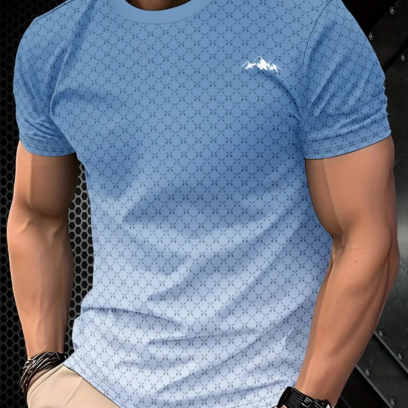 TEMU Men' Print T-shirt- Casual Crew Neck, Short Sleeve, Slightly Stretchy Fabric, Regular Fit, Breathable Summer T-shirt With Mountain Logo,