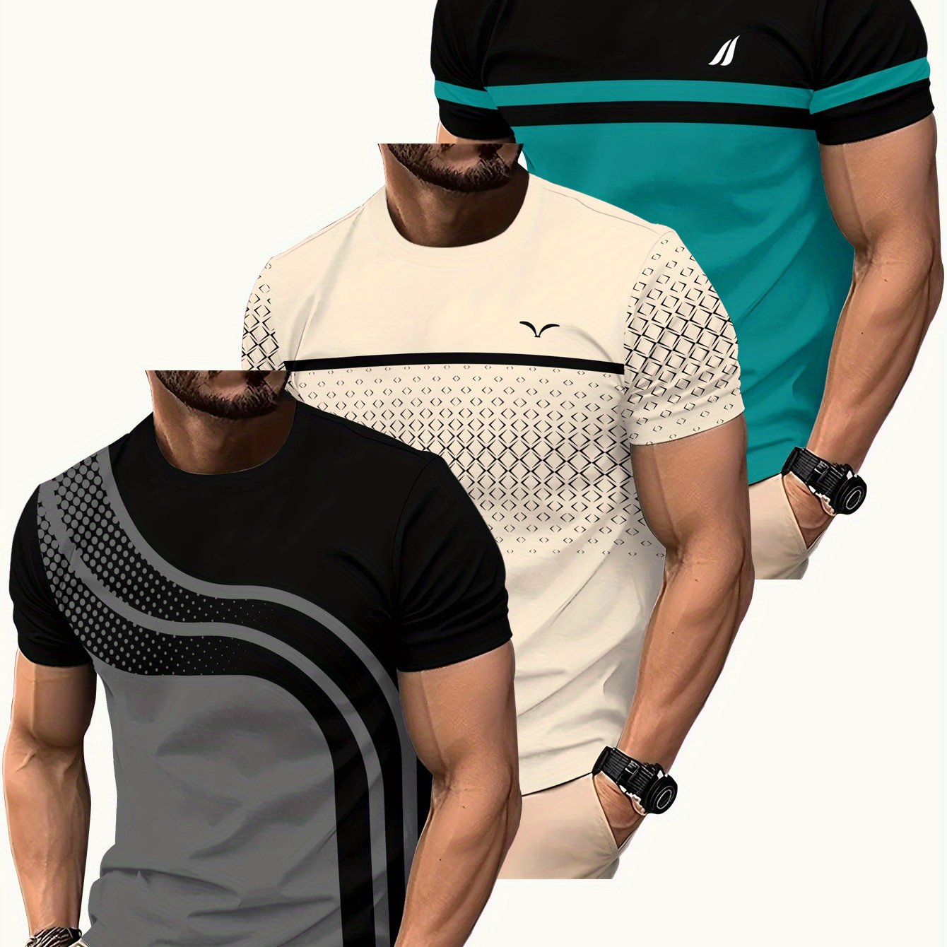 E-shop 3 Herrenmode T-Shirts mit Print - Lässiger Rundhalsausschnitt, Polyester, Sommerkollektion, Gestreiftes Design, Strickstoff, Passform - für