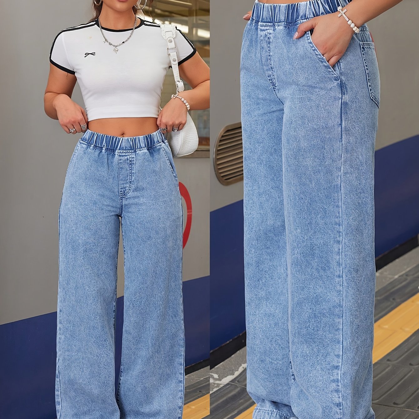 Image of Women's Fashion Minimalist Jeans - Elastic Waist With Slant Pockets, , Casual Loose Fit, Comfortable Wide-leg Long Pants, Four-season Style
