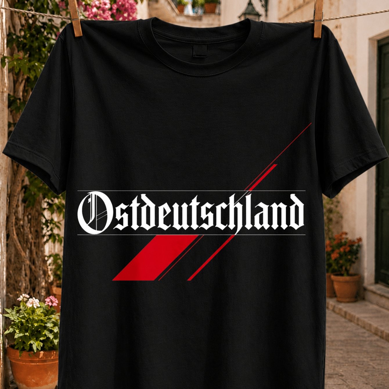 Image of Minimal East Germany Theme Gothic Ostdeutschland Lettering And Sharp Red Geometric Brush Accents Unisex All T-shirt