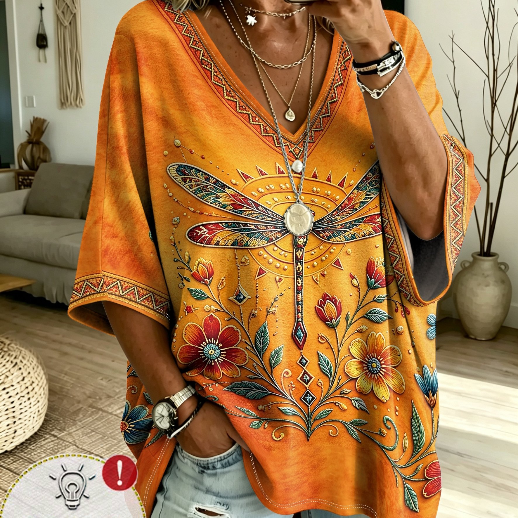 TEMU Plus Size, [printed Design â Not Textured] New Summer Women's Plus Size Bohemian Floral Dragonfly Pattern Print Batwing Sleeve V-neck T-shirt,