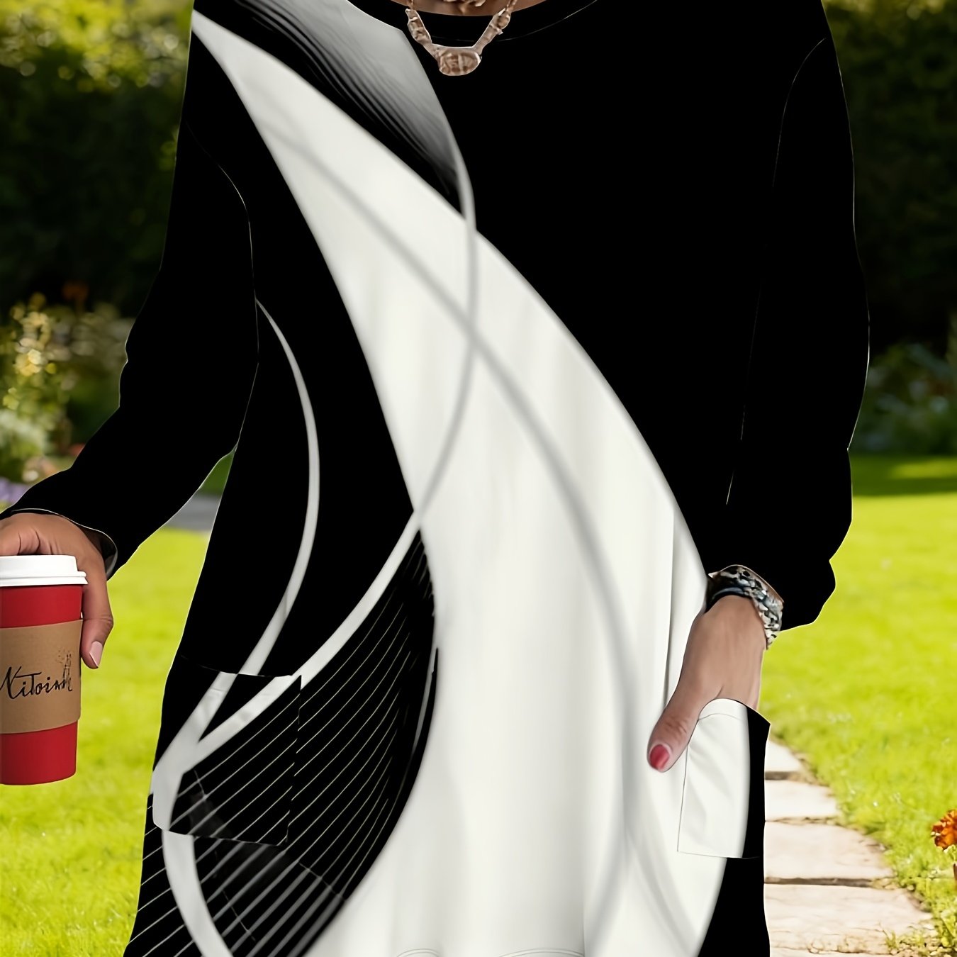 TEMU Plus Size, Women's Plus Size Oversized Abstract Black And White Geometric T-shirt - Long Sleeve Round Neck Blouse With Pockets, Casual Elegant