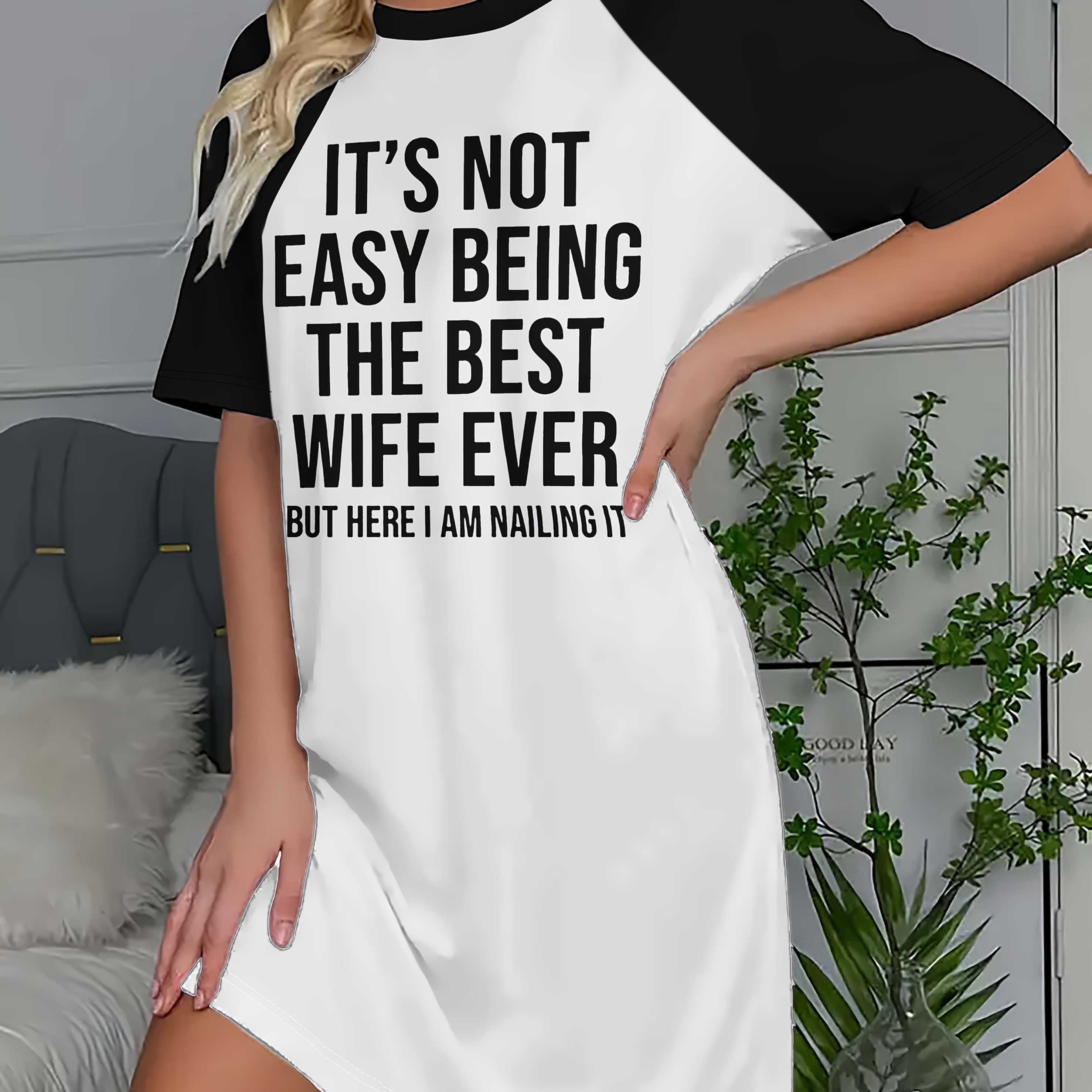 TEMU Hot Letter Printing Long Edition T-shirt Sleeve Color Dress Black And Printing