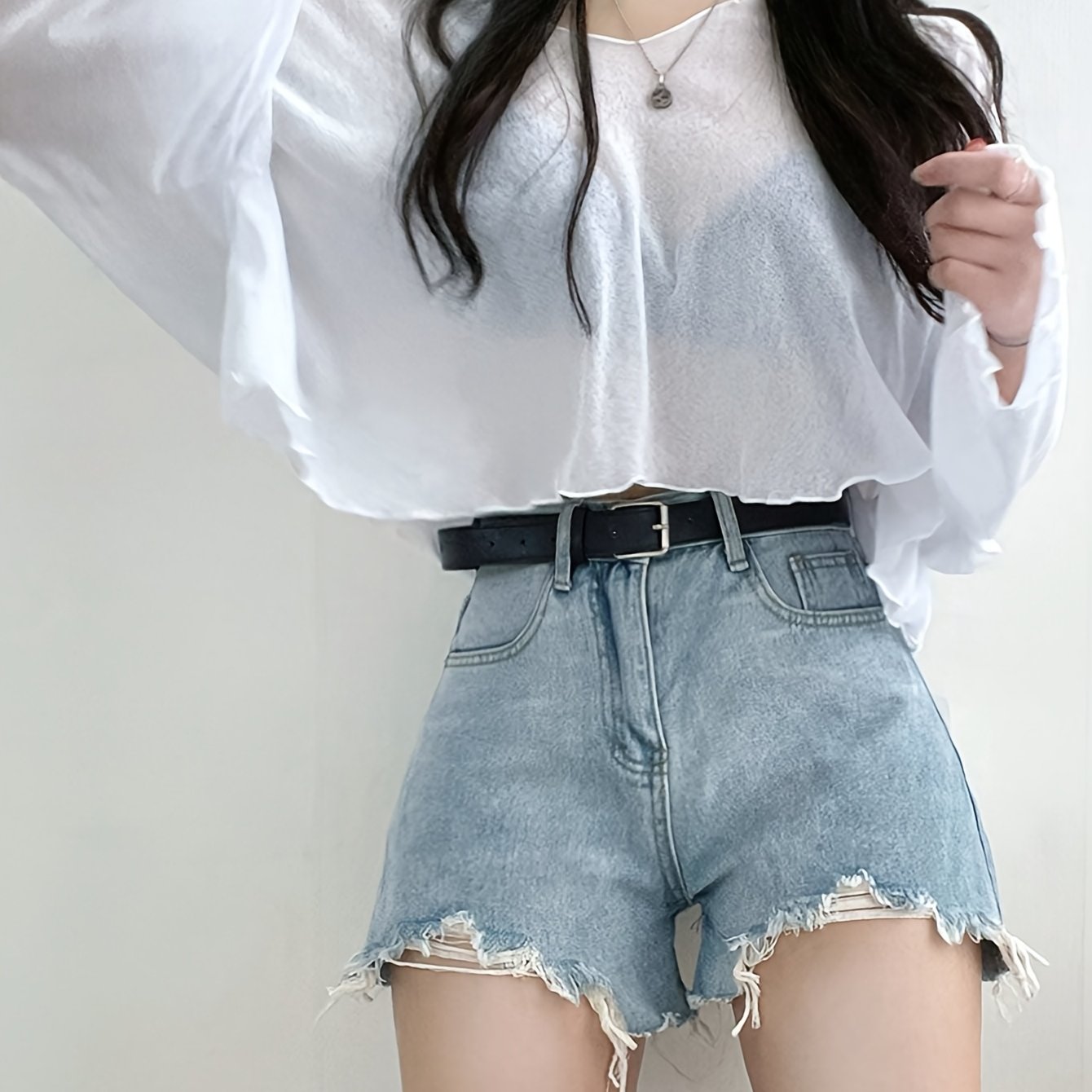 TEMU New Women' Sheer Loose Short V-neck T-shirt Sexy Long Sleeve Short T-shirt Suitable For , Seaside, Beach, Vacation