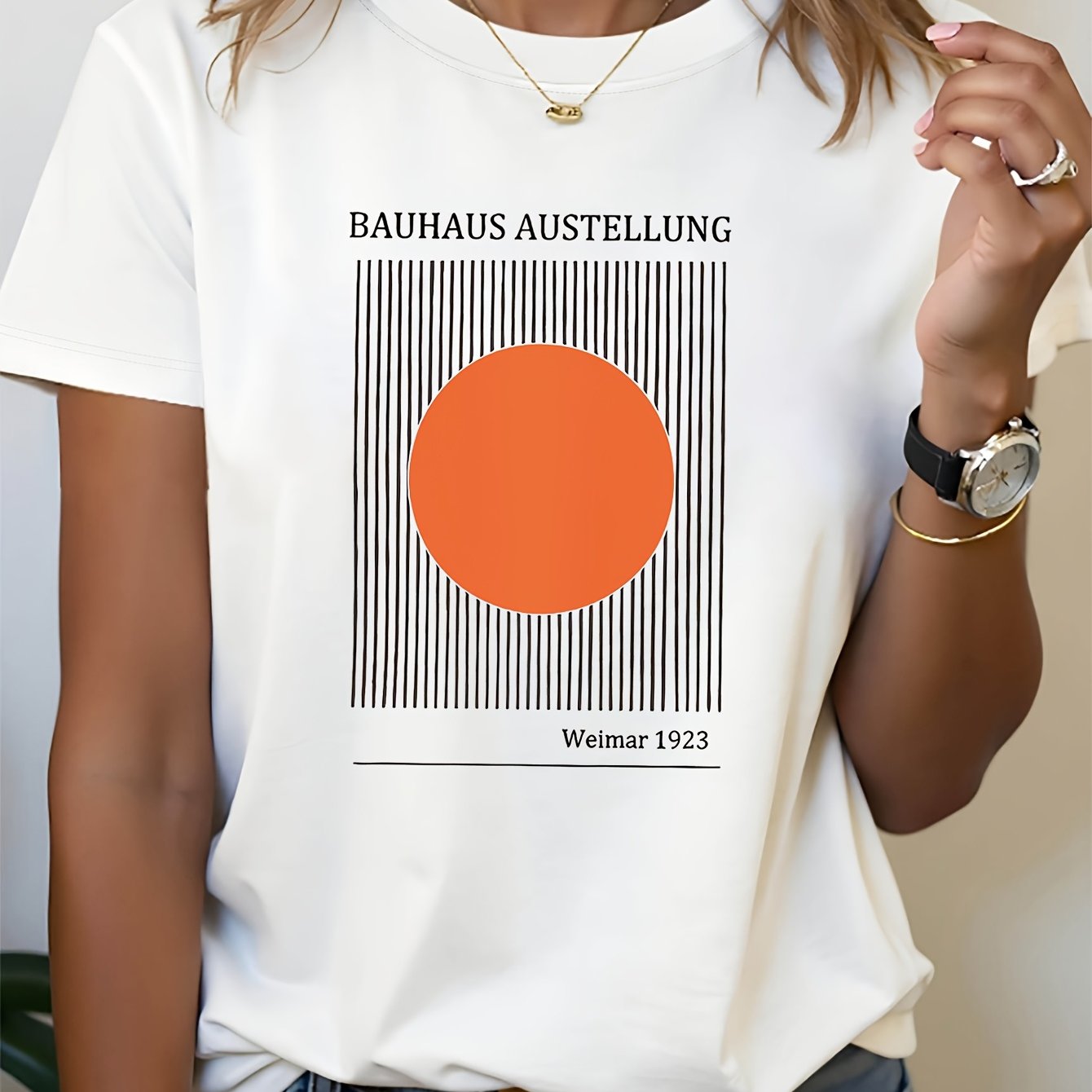 TEMU Bauhaus Art Exhibition Print T - Shirt Women's Spring - Summer Short - Sleeve Crew - Neck Casual T - Shirt, Daily Leisure, Holiday Gift