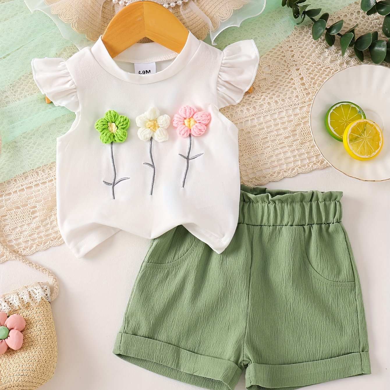 Image of Baby Girl Fresh Flying Sleeve Craft Flower Top With Fake Pocket Shorts Set/p101699, For Outdoor