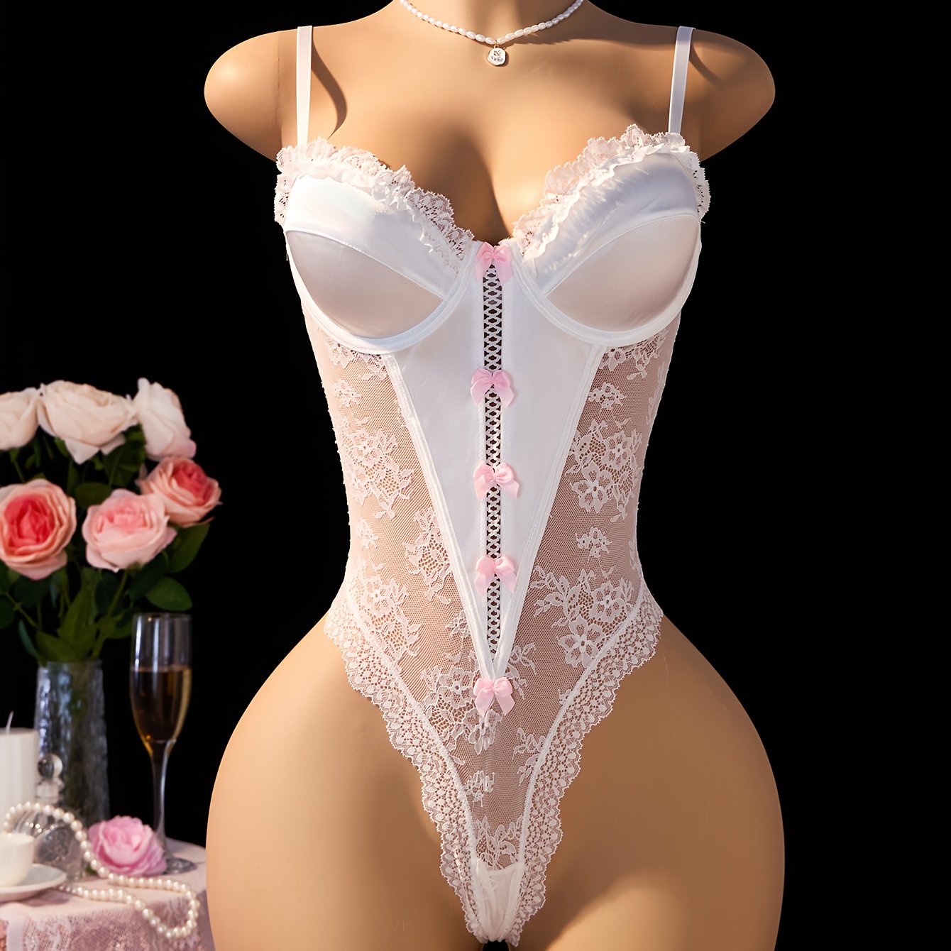 Image of Ladies' Sexy Lace Bodysuit, Featuring White Lace Combined With Satin Mesh For A Beautiful Shaping Effect. It Includes Underwire For Support, A Sexy Floral