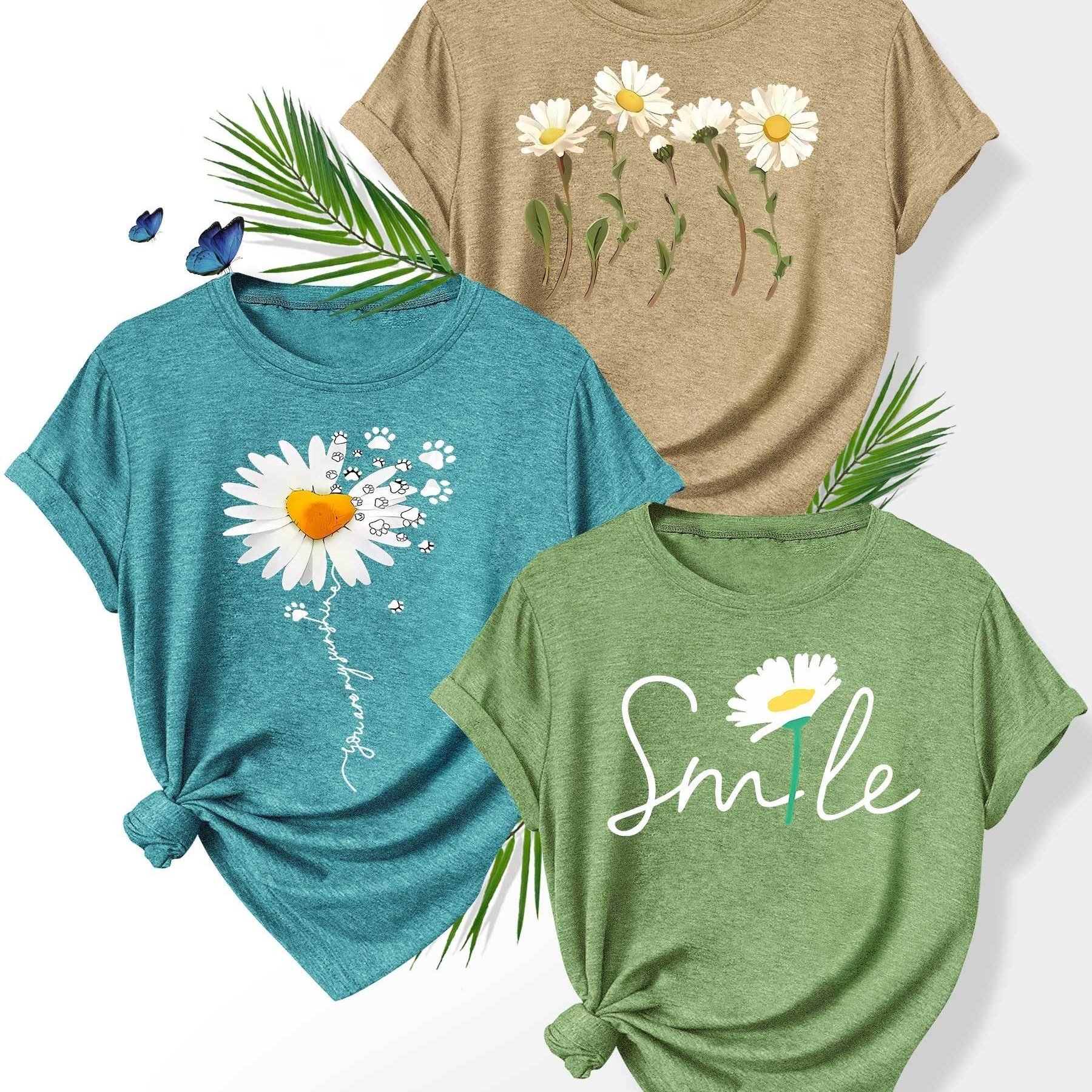 TEMU Set Of 3 Mixed Smiling Letter Floral Tops, Featuring A Stylish Retro Design For Women. Perfect For Summer Casual Sportswear, In Colors And Sizes