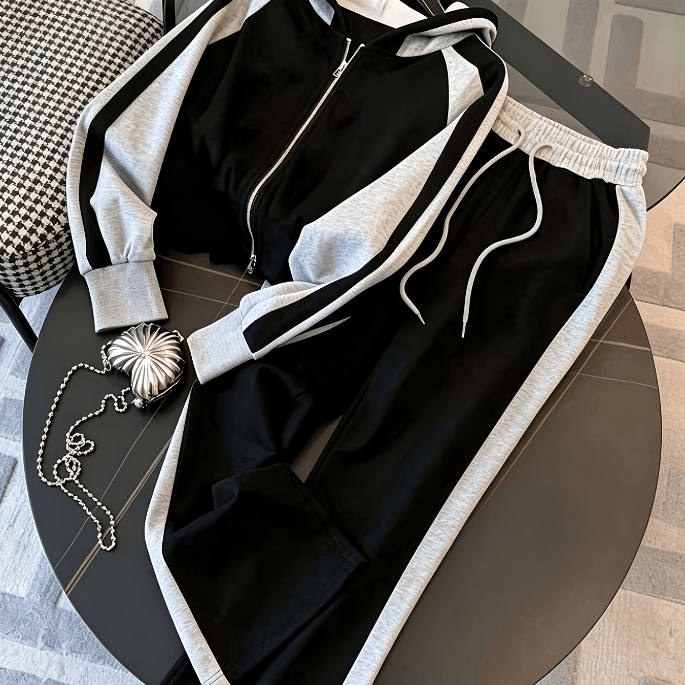 TEMU Women's 2pcs Set Spring Autumn Long Sleeve Hooded Zipper Jacket And Drawstring Long Pants Elegant Casual Color-block 2pcs Daily Fashion