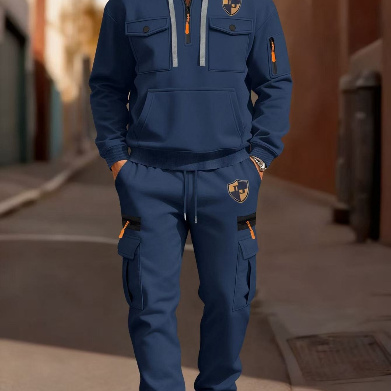 TEMU Outdoor Men's Fashion Printed Hooded Sweatshirt   Sporty Casual Cargo Pants Set