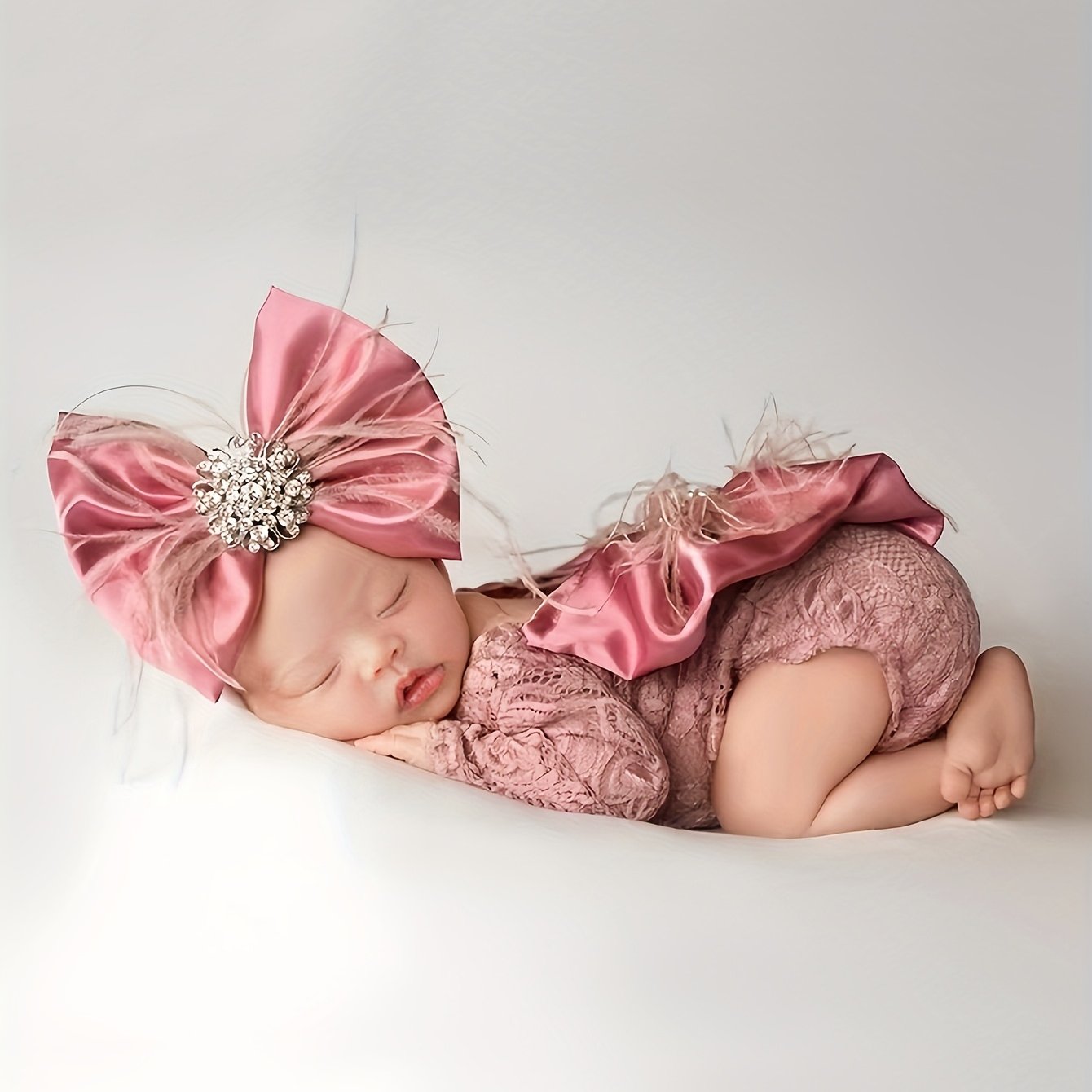 2pcs Newborn Lace Romper + Bow Headband; Long-sleeved Knitted Romper Set For Baby Girls With A Large Bow At The Back; Baby Photography Outfit,halloween Costumes For Kids