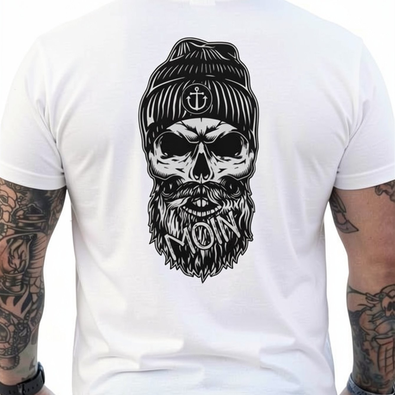 Image of Moin Skull With Beard And Anchor Hat Skull T-shirt Men's Back Print - Fit, , Machine Washable, Relaxed Fit For Casual Attire