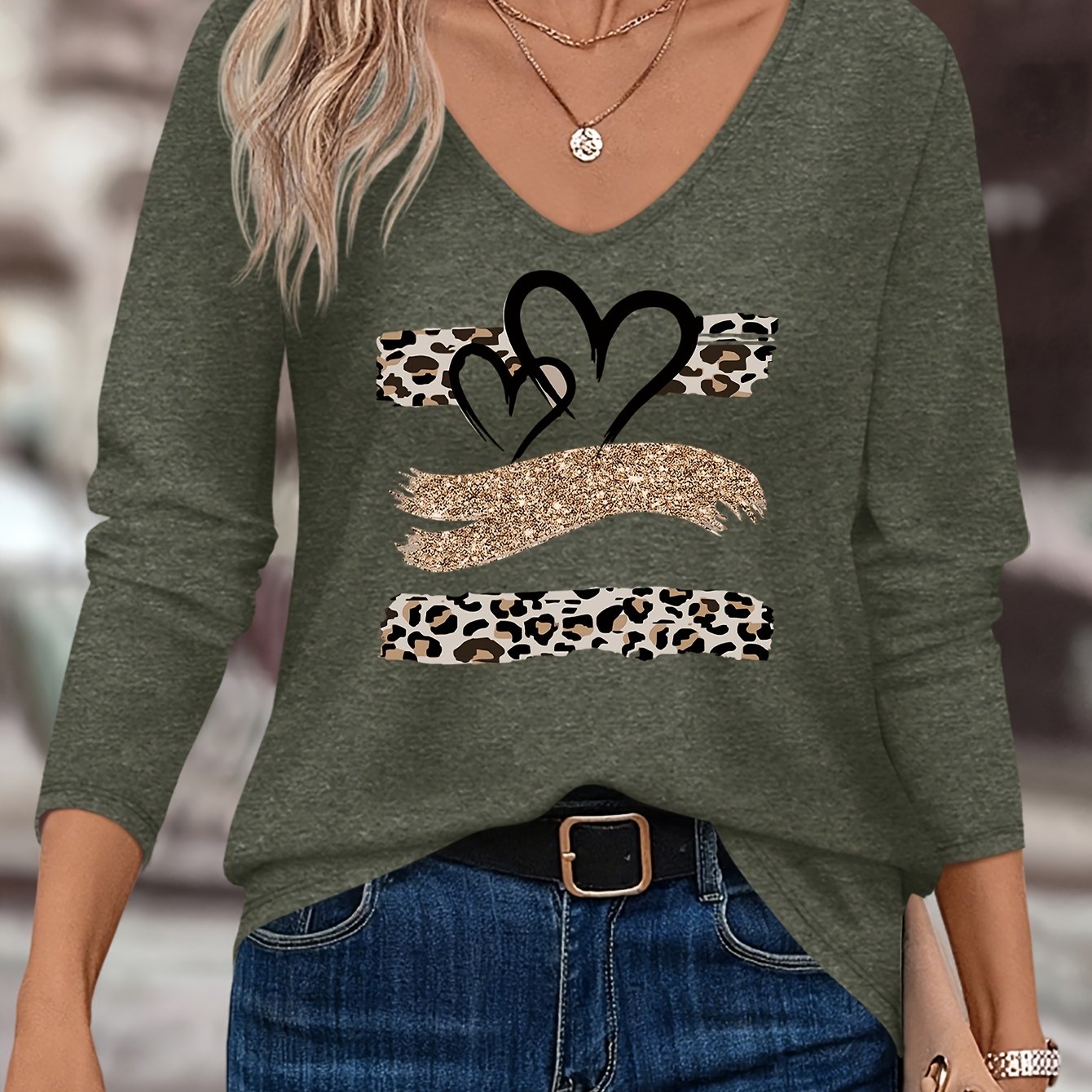 TEMU Heart Pattern Print Women's Fall Winter Top, Casual Versatile Comfortable V-neck Long Sleeve T-shirt