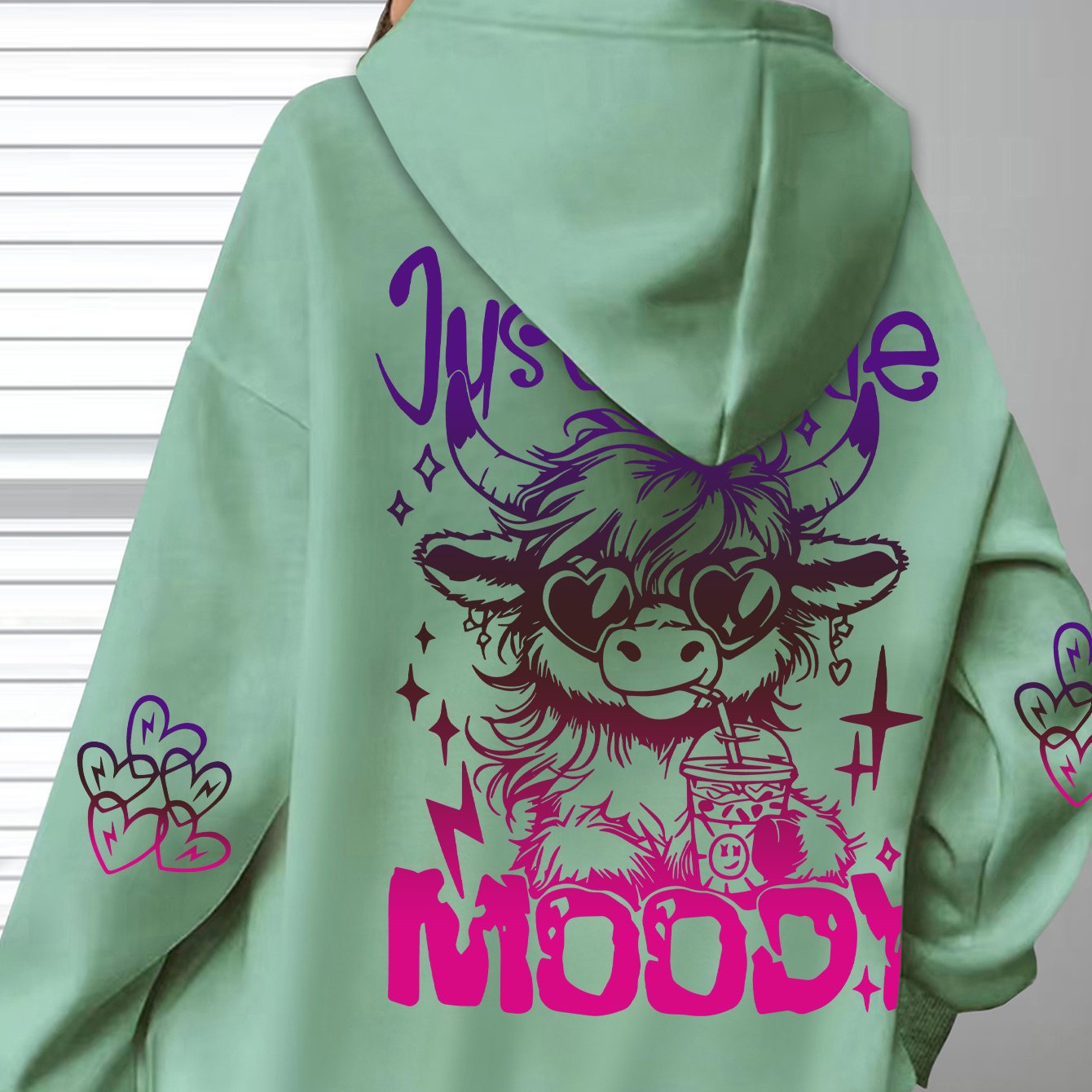 TEMU Trendy And Cool "little Mood" Bull Letter Print Hoodie, Soft And Casual Long Sleeve With Pocket, Comfortable Women' Wear