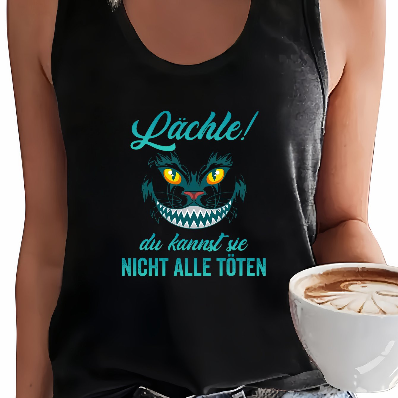 TEMU Damen-Trägertop in Übergröße mit Grinsekatzen-Aufdruck – Dehnbares, blusentaugliches Weste mit Rundhalsausschnitt, geeignet für Frühling Sommer,