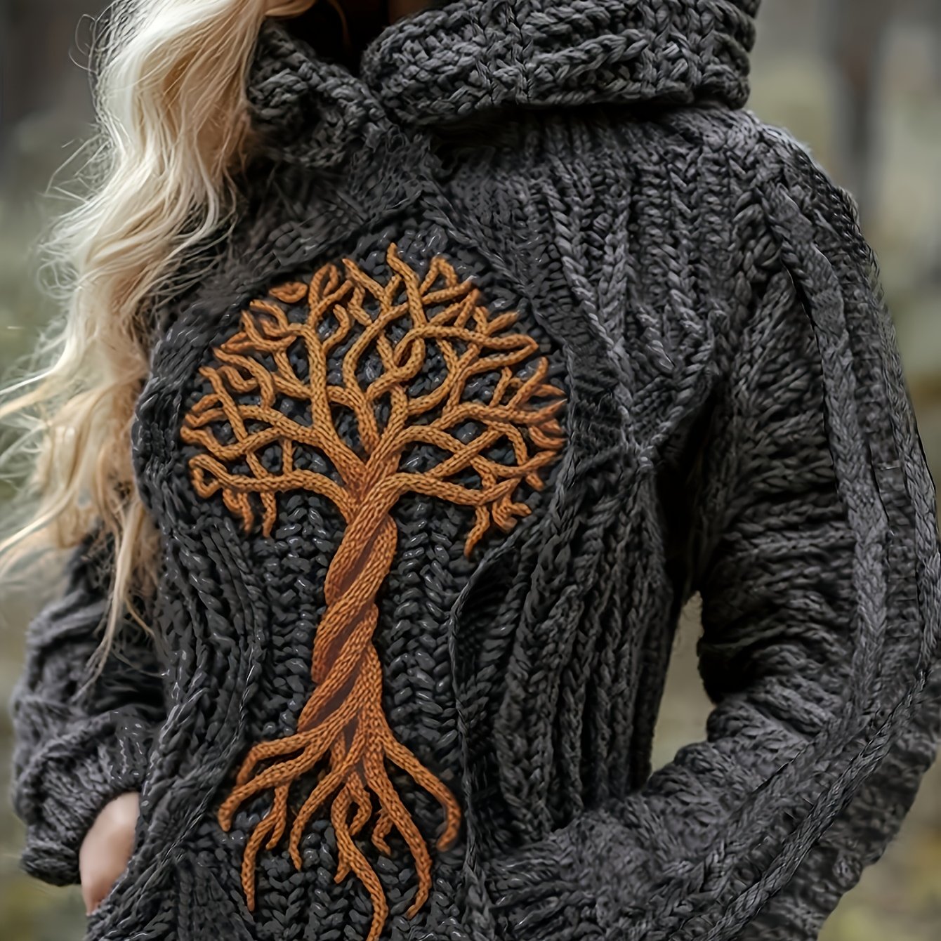 Image of Winter Women's Sweater Elegant Hooded Sweatshirt Style Soft Embroidered Tree Of Life Large Tassel Contrast Comfortable Casual Vintage Forest Pullover Zllz