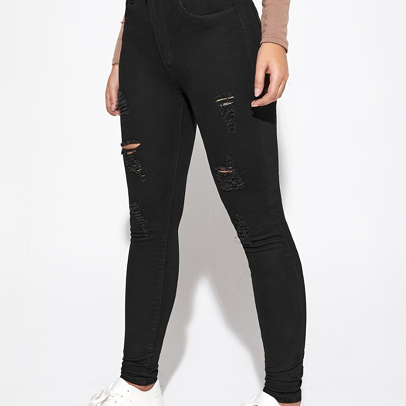 Image of Women's Skinny Fit High-waisted Distressed Denim Pants - Stretch Jeans With Frayed Hem, Machine Washable For Wear, Elegant Casual To Outfits