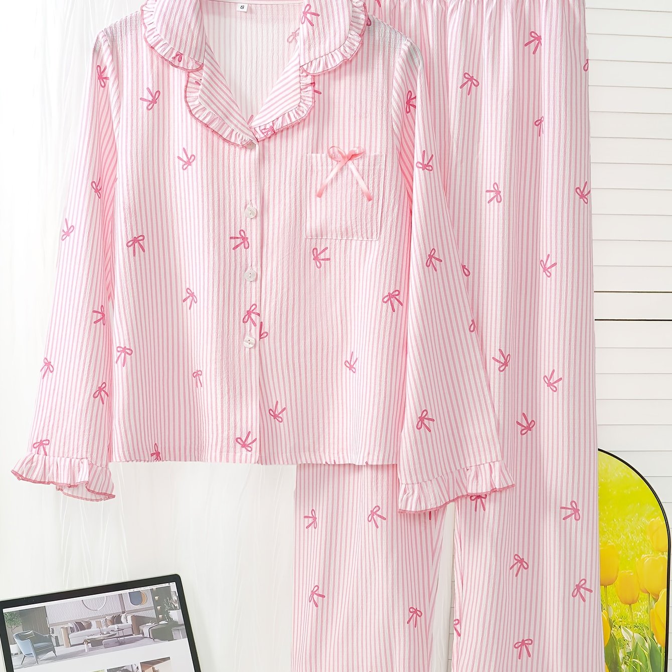 Image of Autumn Striped Pajamas, Long-sleeve Top And Long Pants, Comfortable And Elegant Women's Loungewear, Bow Print Cardigan Button-up Set, Casual Lapel Ruffle Living Wear, Sleep And -conditioned Clothing