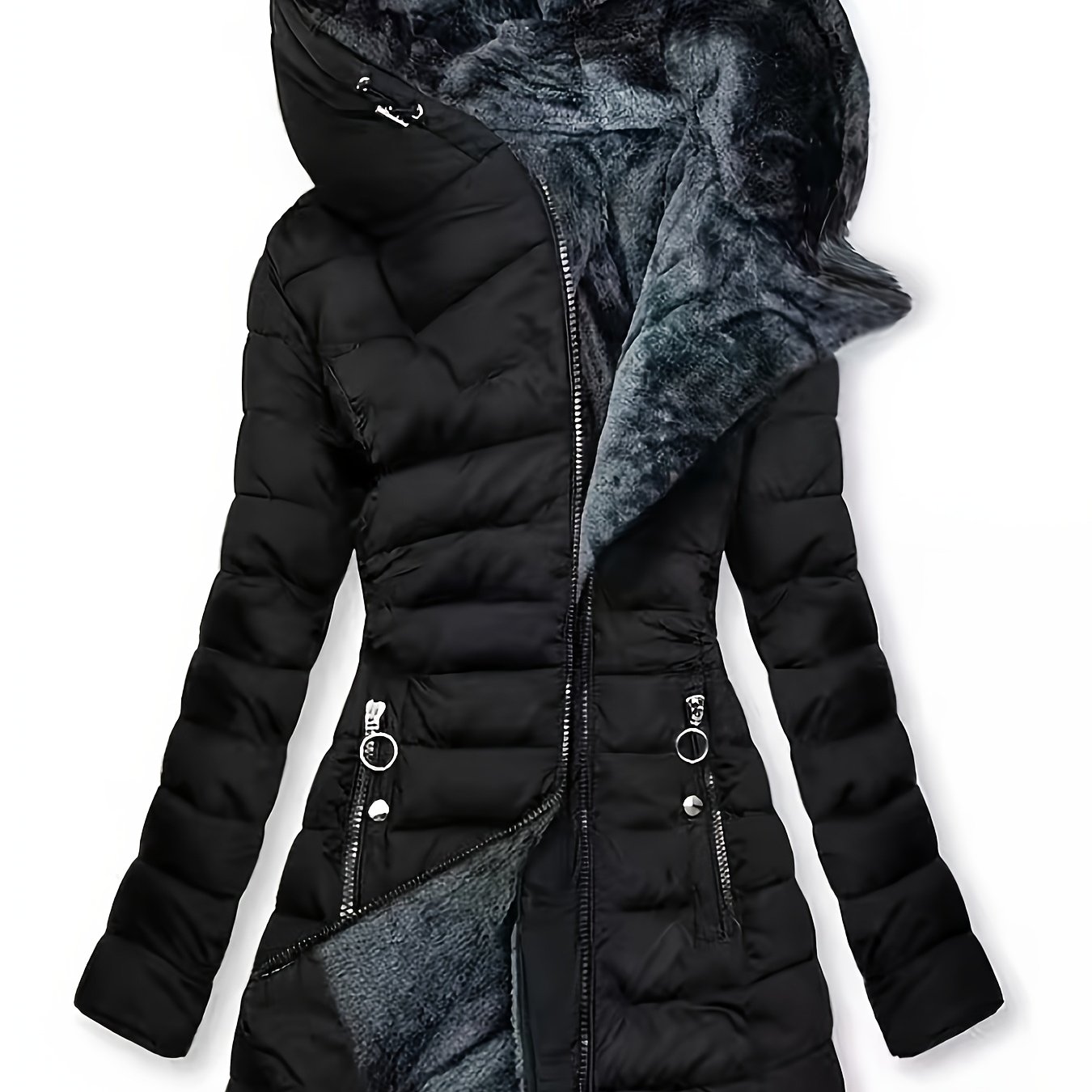 TEMU Giacca a maniche lunghe con cappuccio, imbottita, spessa, e resistente al freddo, con zip a met�, cappotto slim - Abbigliamento imbottito
