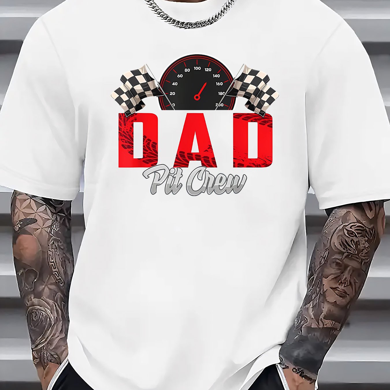 TEMU Racing Dad Repair Team Logo Print Men's Casual T-shirt, Summer Men's Round Neck Short Sleeve T-shirt, Fashionable Versatile Trendy Print Short