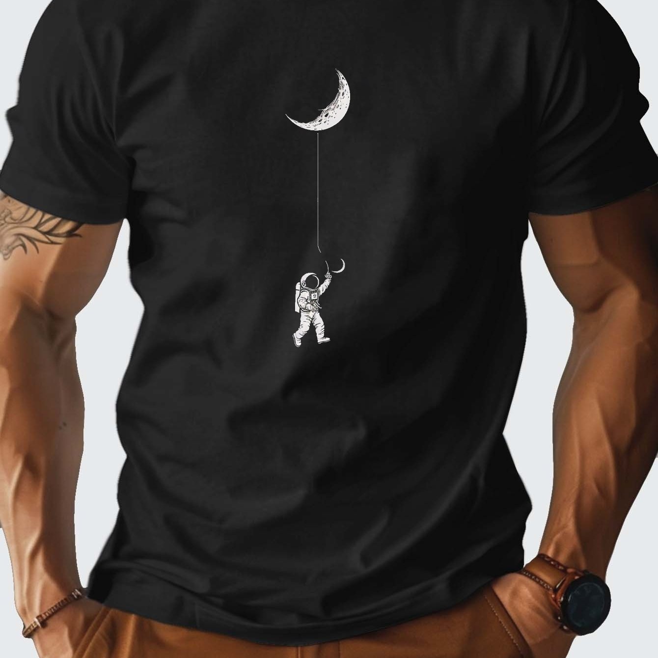 TEMU Wear, Men's Royal T-shirt With Astronaut Kite Moon Design - Fit, Short Sleeve, Round Neck, Machine Washable, Astronaut Decor