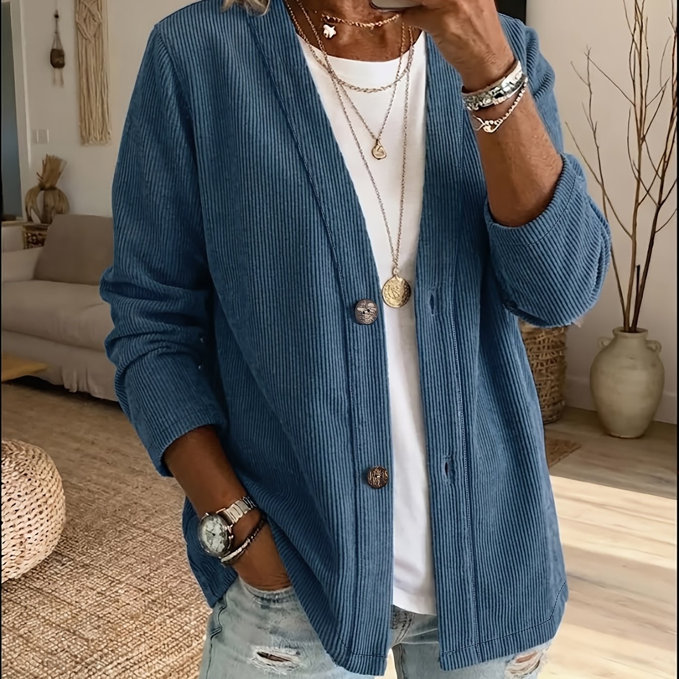 TEMU Women's Corduroy V-neck Button-up Cardigan Jacket, Long Sleeve Loose Fit Casual Outerwear Top
