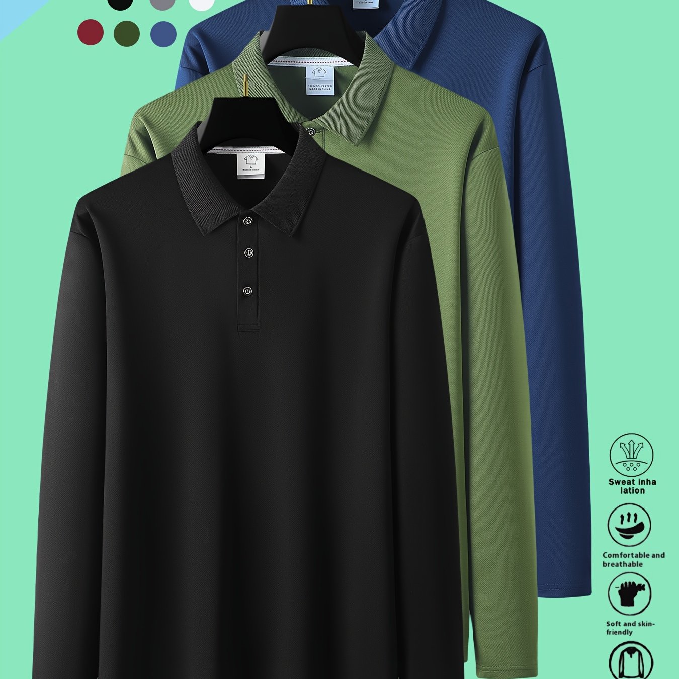 TEMU 3-delige set herenpolo's met revers en lange mouwen voor lente en herfst, meerkleurig polo met licht plaatje, casual sportkleding herentop. Zeer